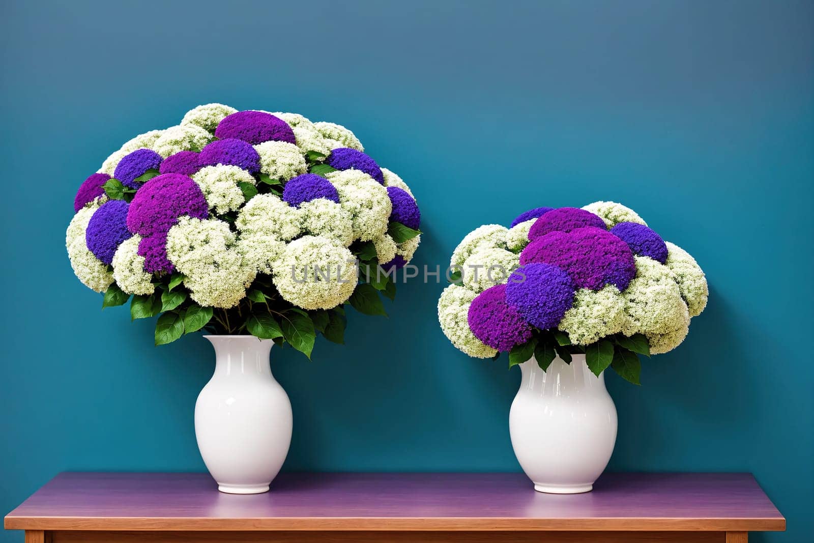 Two vases filled with white flowers sit on a table in front of a blue wall.