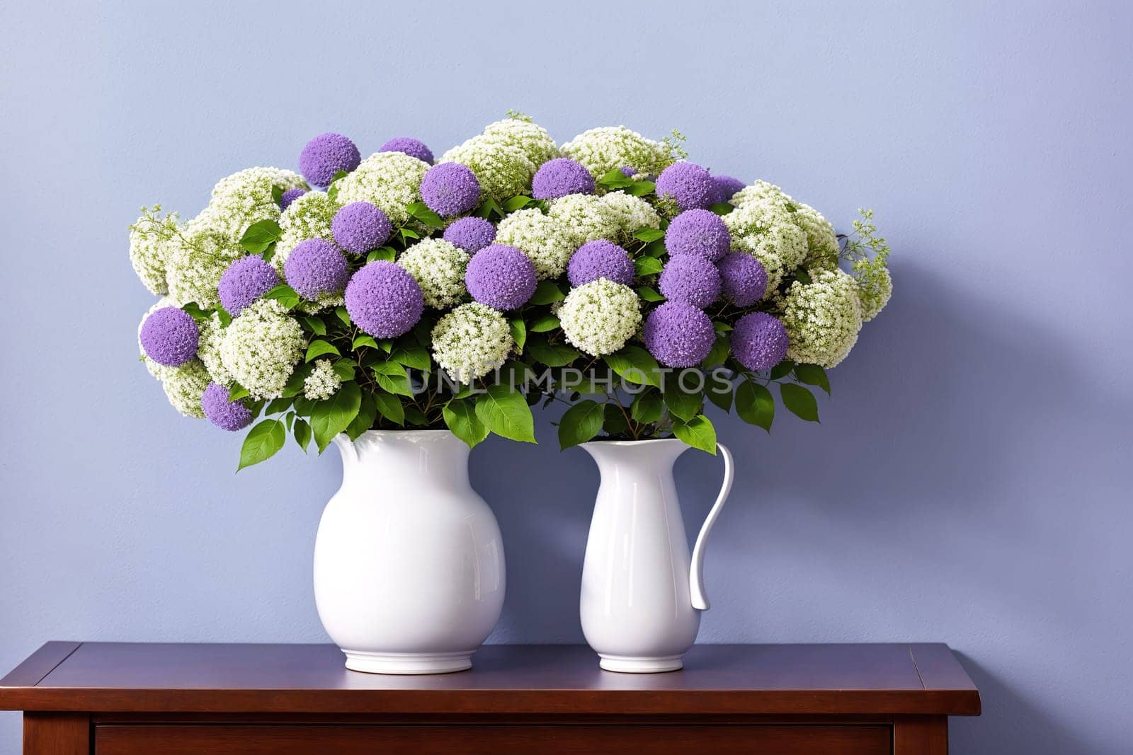 The image shows two vases filled with white hydrangeas on a wooden table.
