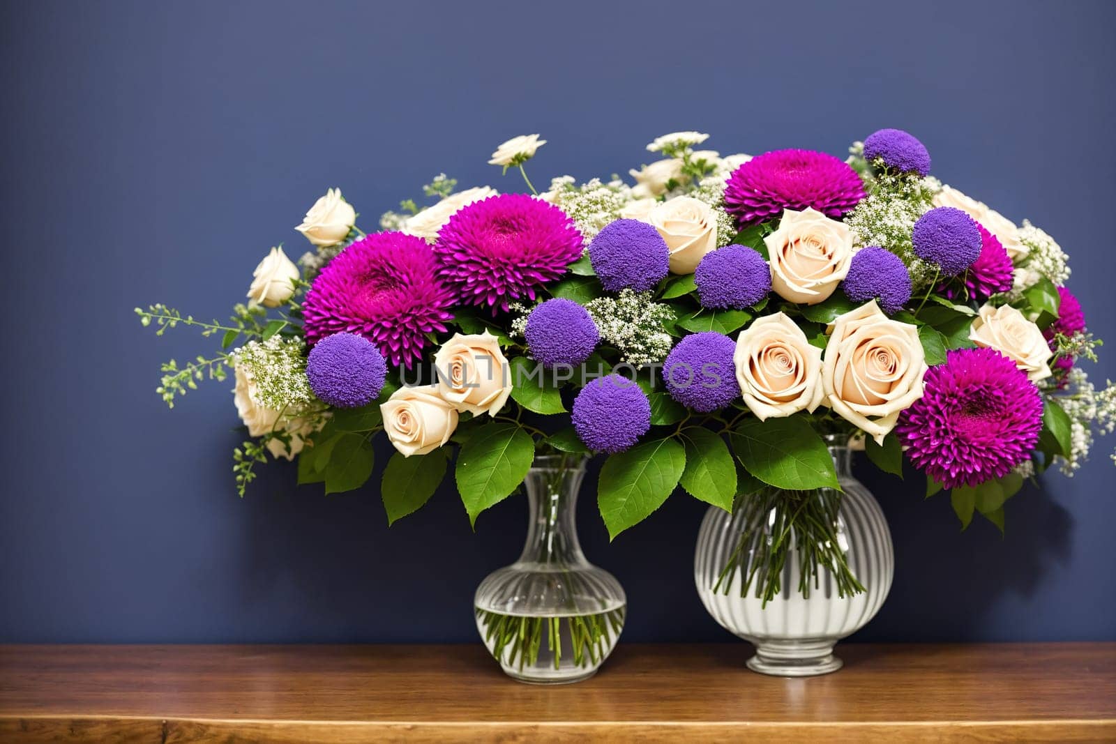 The image shows a vase filled with pink and purple flowers.