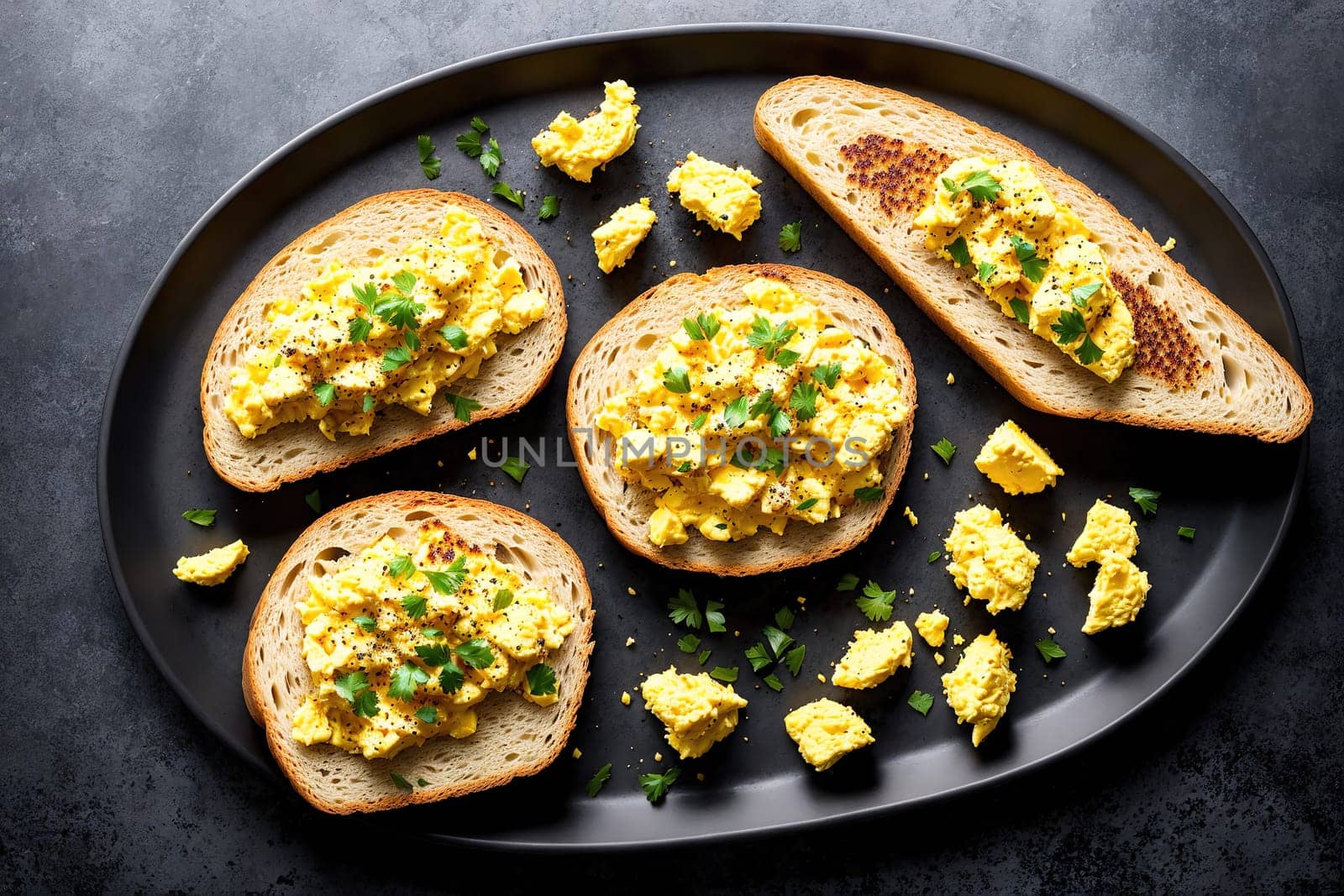 The image shows a plate of scrambled eggs with toast on the side.