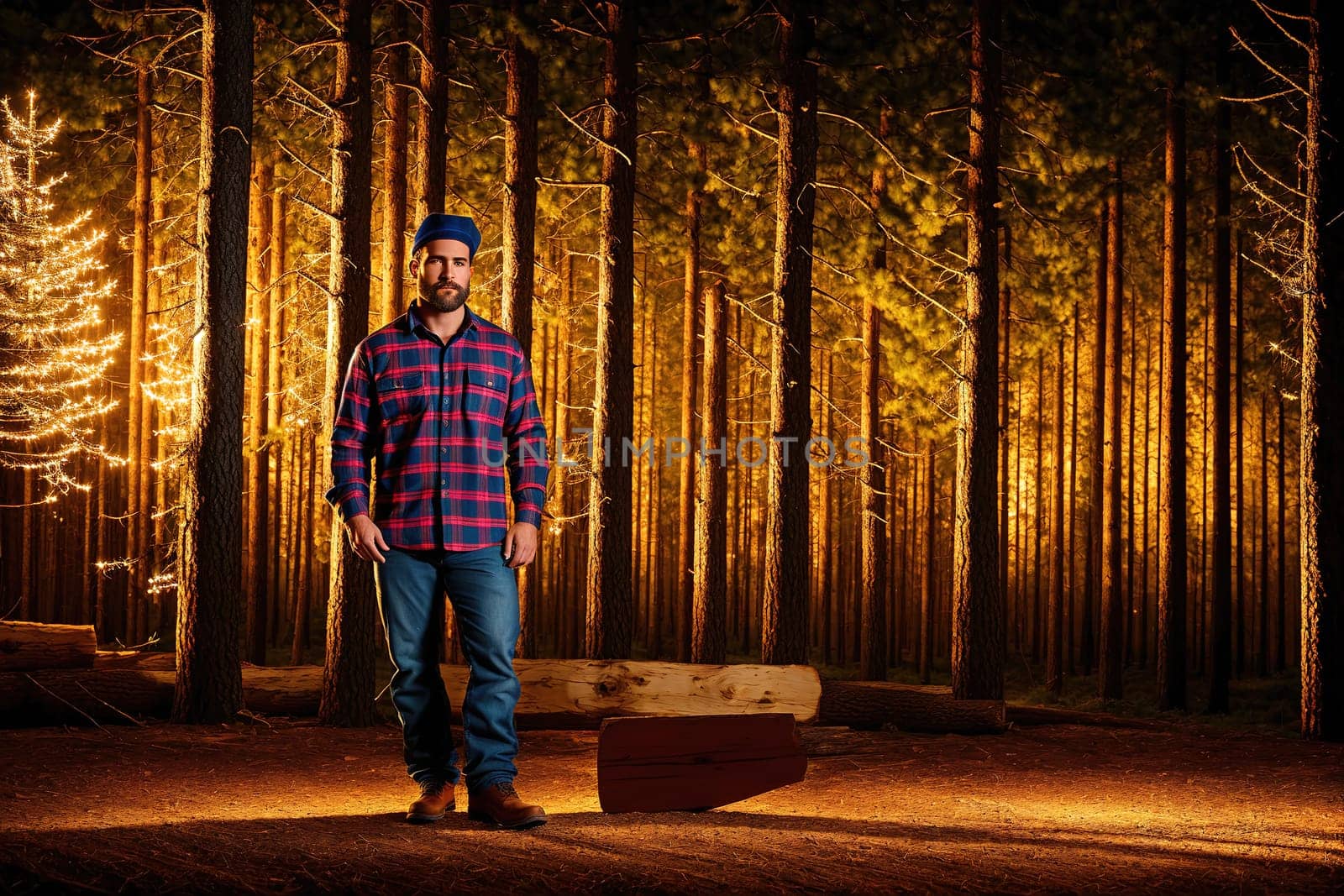 The image shows a man standing in the middle of a forest, wearing a plaid shirt and jeans, with his arms crossed and looking off into the distance.