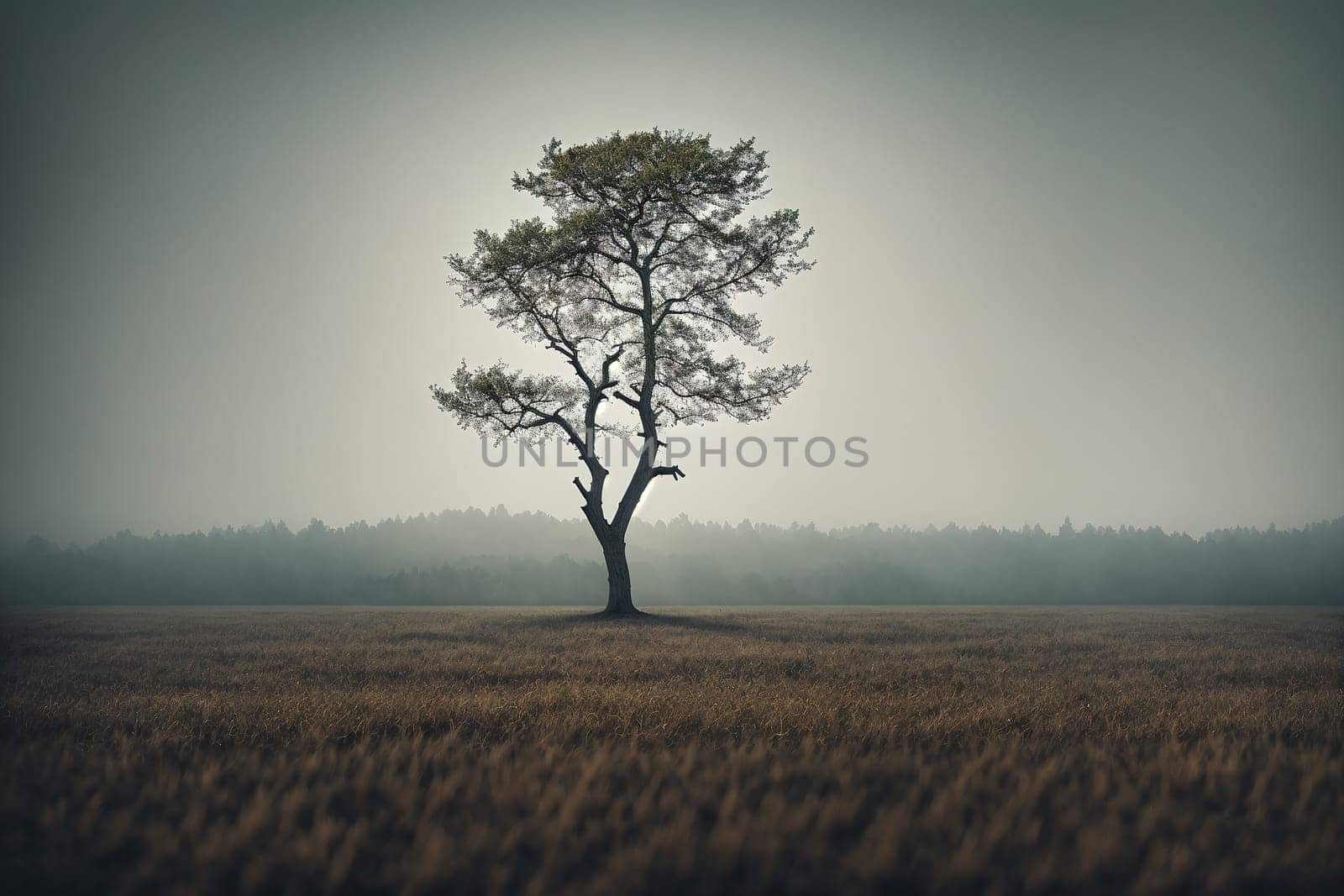 The image shows a lone tree standing in a field of tall grass on a foggy day.
