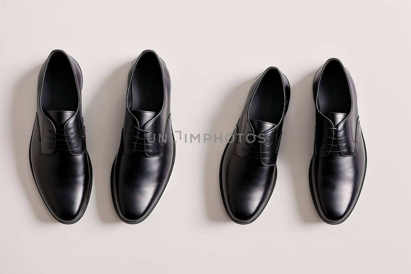 The image shows a pair of black leather shoes with laces and a pair of black leather dress shoes with laces.