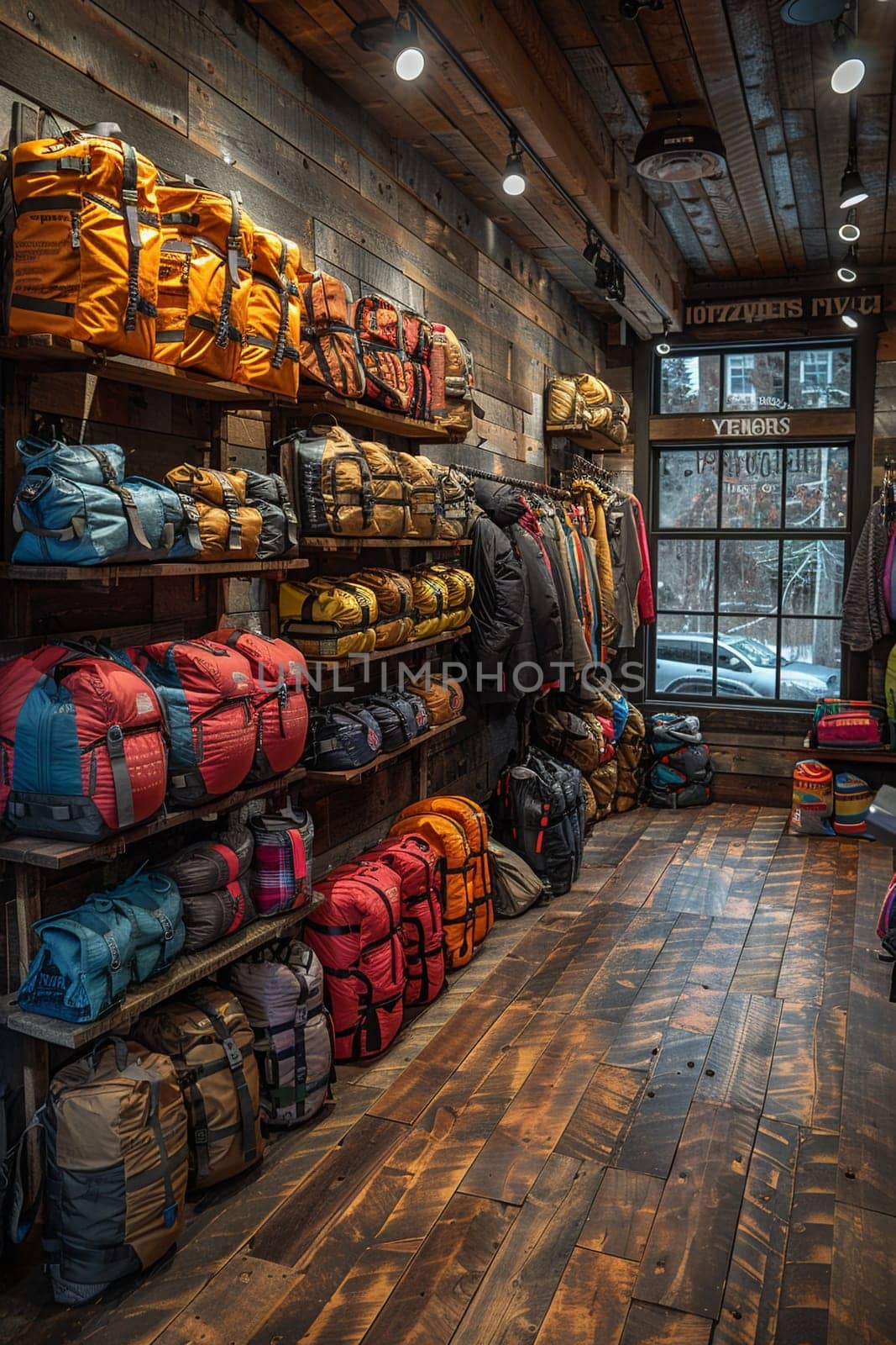 Outdoor Gear Store Equips Adventurous Spirits in Business of Exploration Retail, Hiking boots and gear displays equip a story of adventurous spirits and exploration retail in the outdoor gear store business.