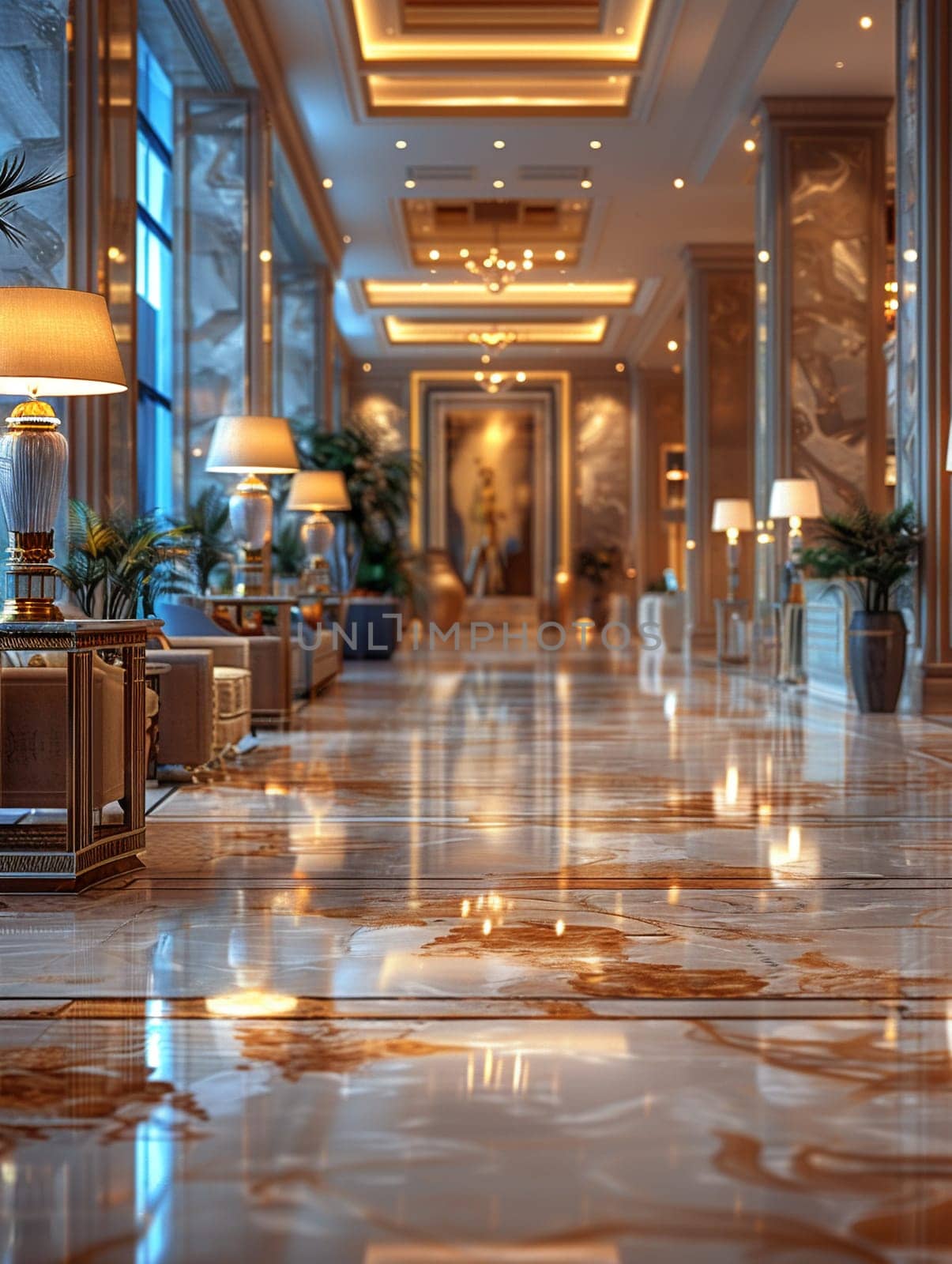 Luxurious Hotel Lobby Hosting Elite Business Conferences, A softly blurred lobby exudes opulence and anticipates important business gatherings.