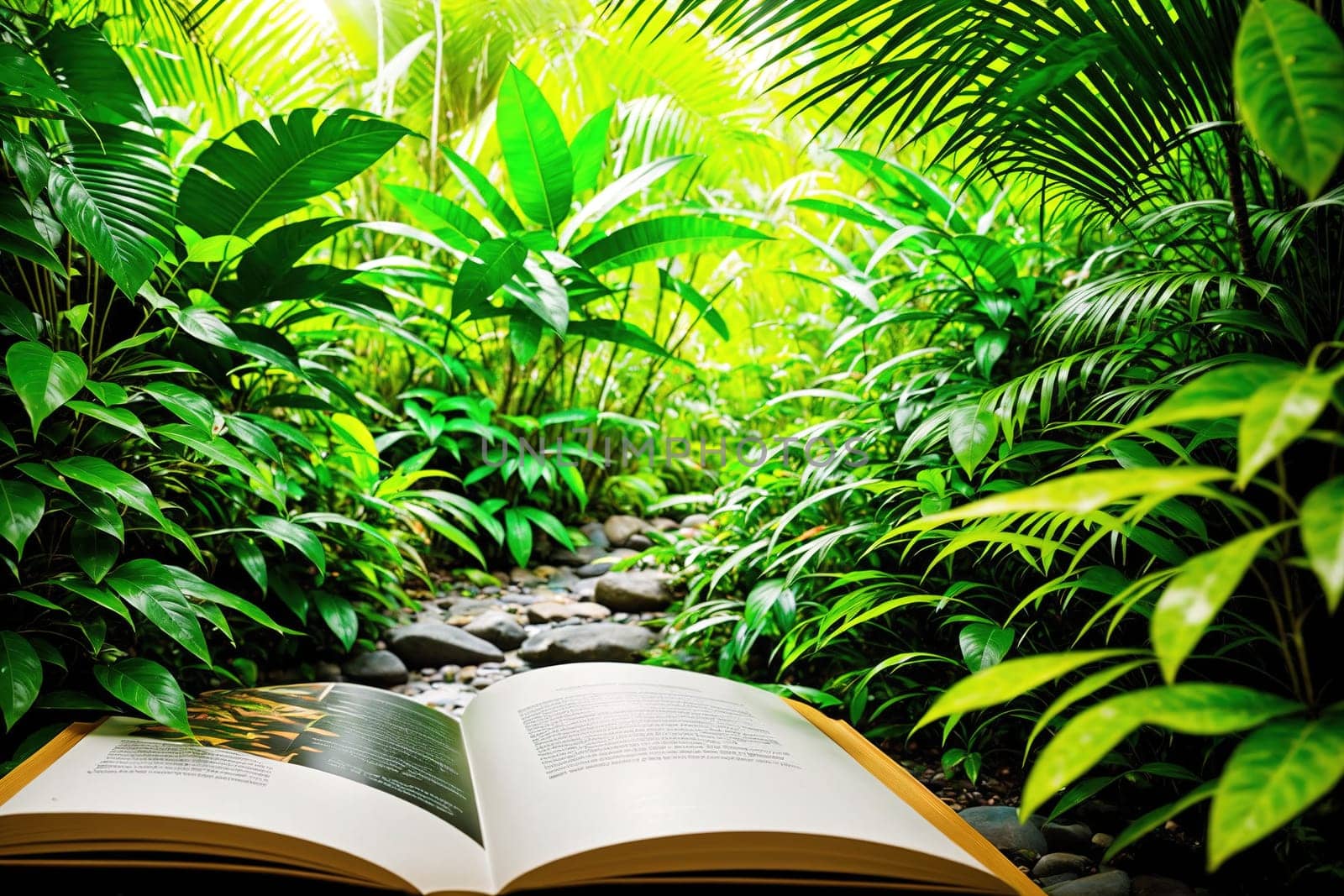 The image shows a book lying open in the middle of a dense jungle with lush green plants and trees surrounding it.