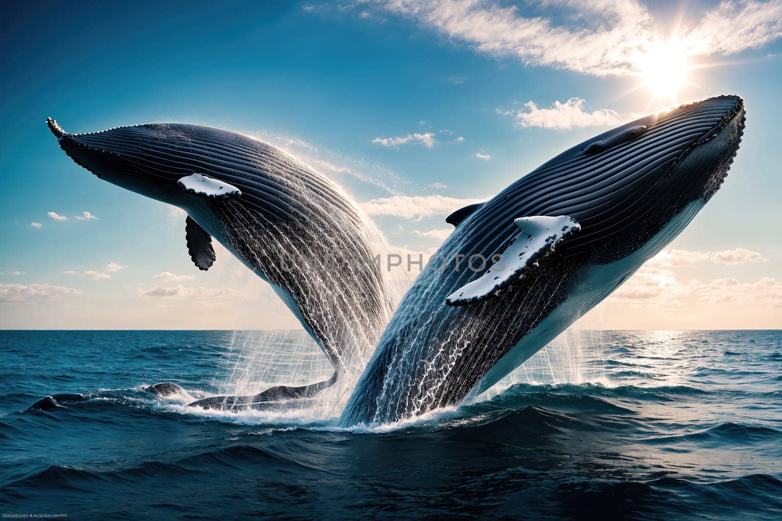 The image shows two humpback whales jumping out of the water, with their flippers and tails in the air.