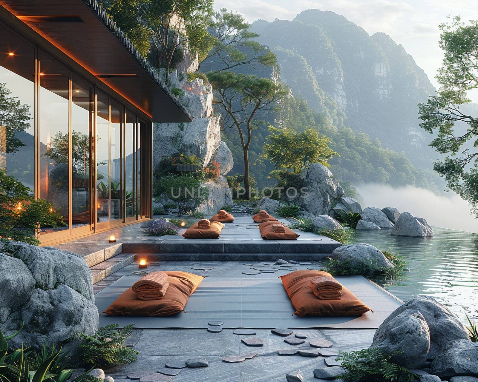 Peaceful Yoga Retreat in Nature with Soft Edges of Serenity, The gentle blend of nature and poses suggests the pursuit of wellness and mindfulness.