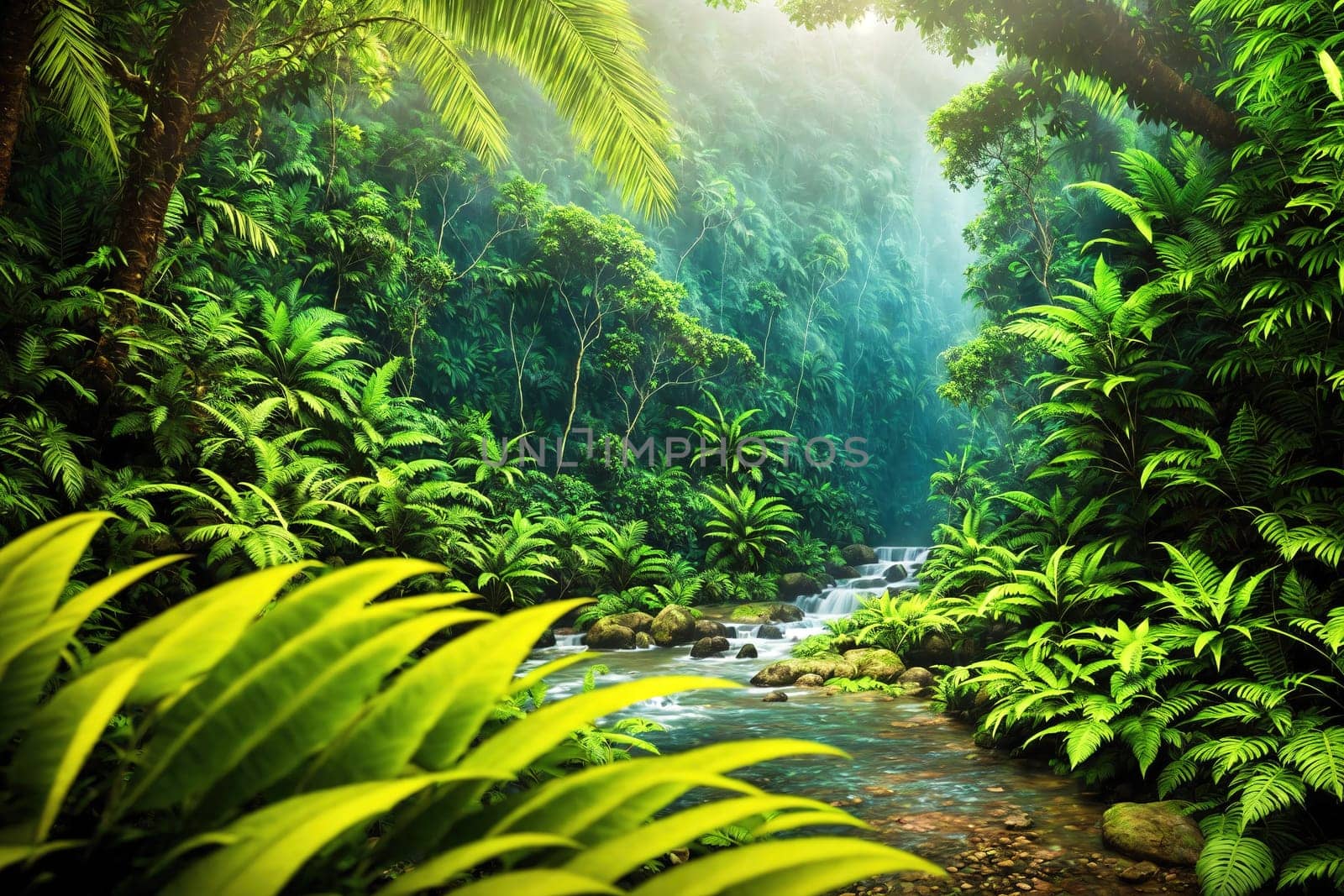 The image depicts a lush, green jungle with a river running through it, surrounded by tall trees and vines.