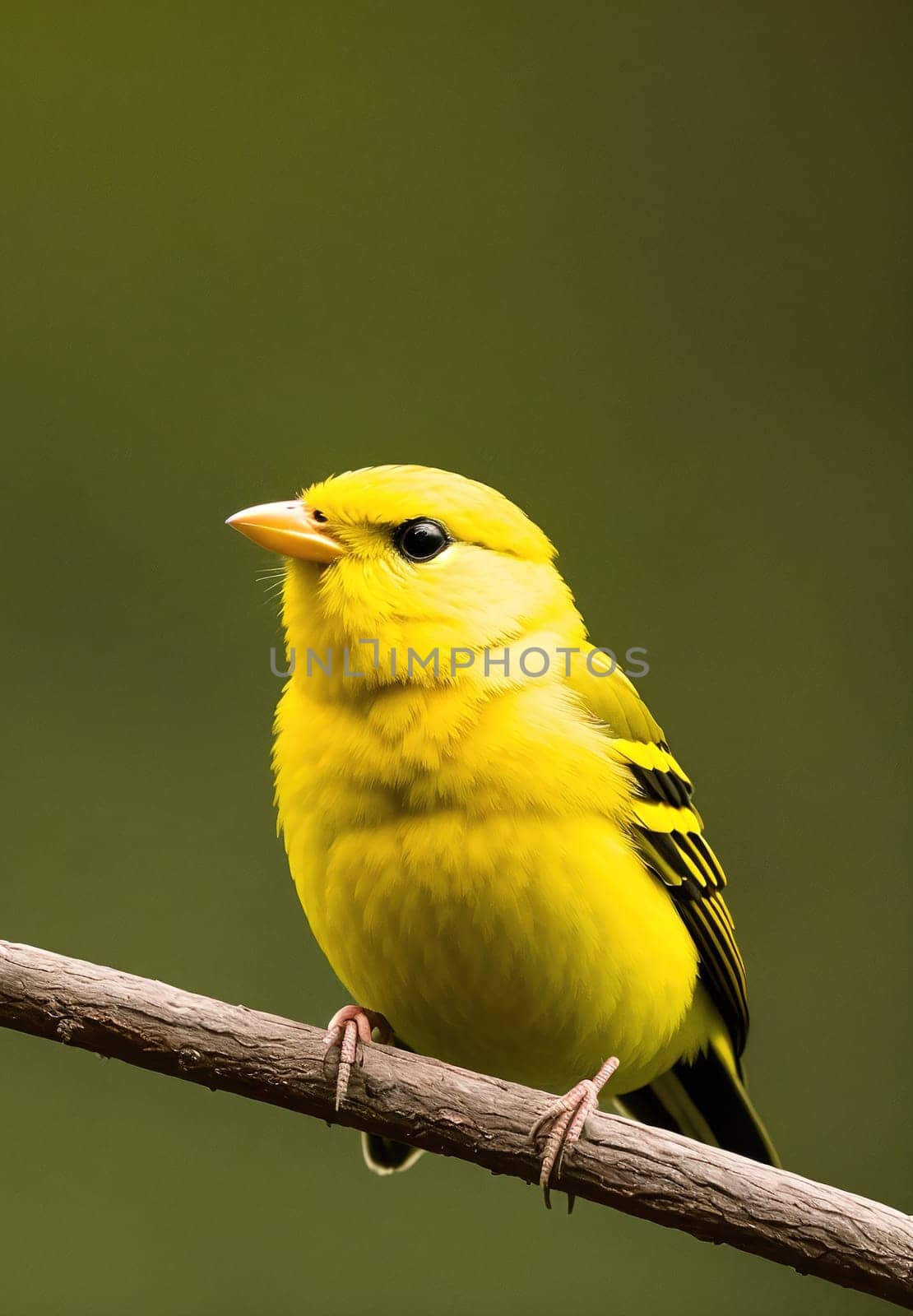 The image is a yellow bird perched on a branch with its beak open and looking directly at the camera.