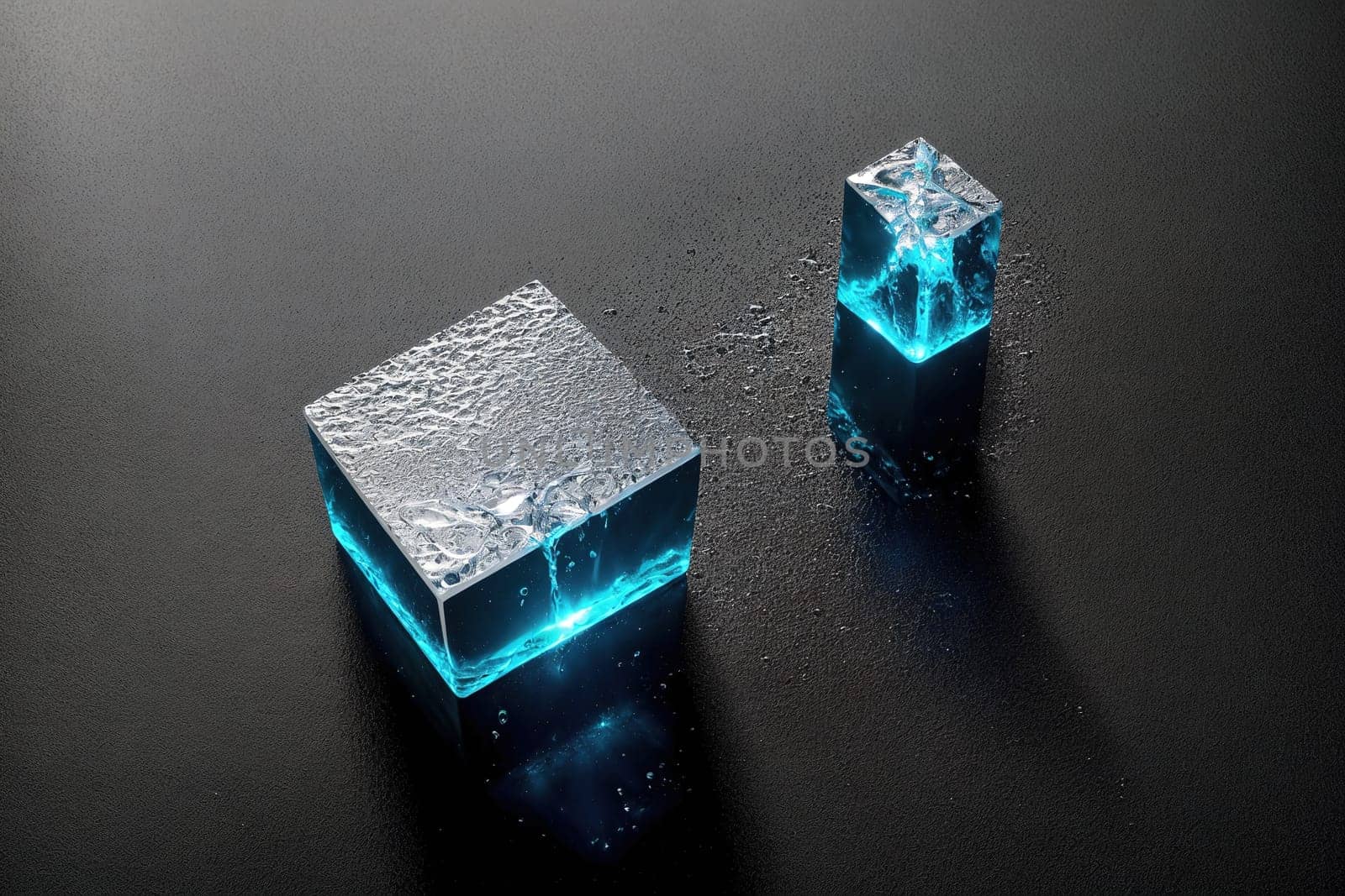 The image is a 3D rendering of a cube made of ice, with the edges glowing blue.