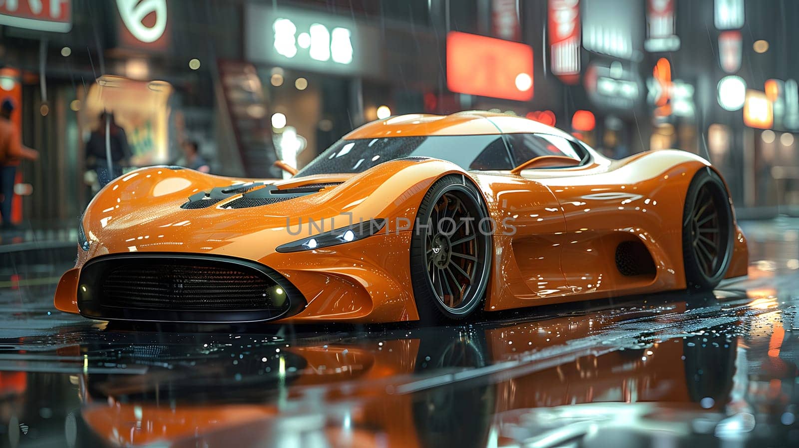 A luxurious orange sports car sits parked on a rainy urban street, showcasing its sleek automotive design and vibrant exterior against the wet pavement