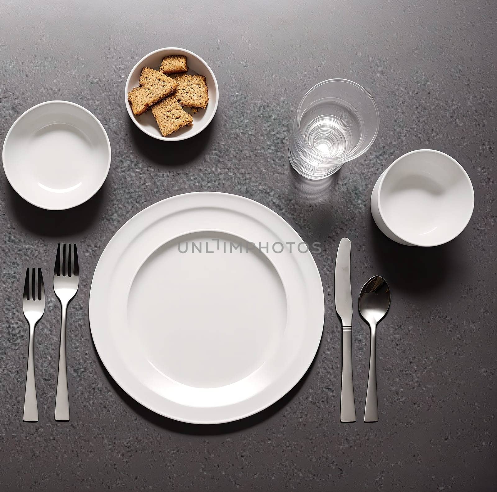 The image shows a table setting with a white plate, silverware, and glasses arranged on a gray background.