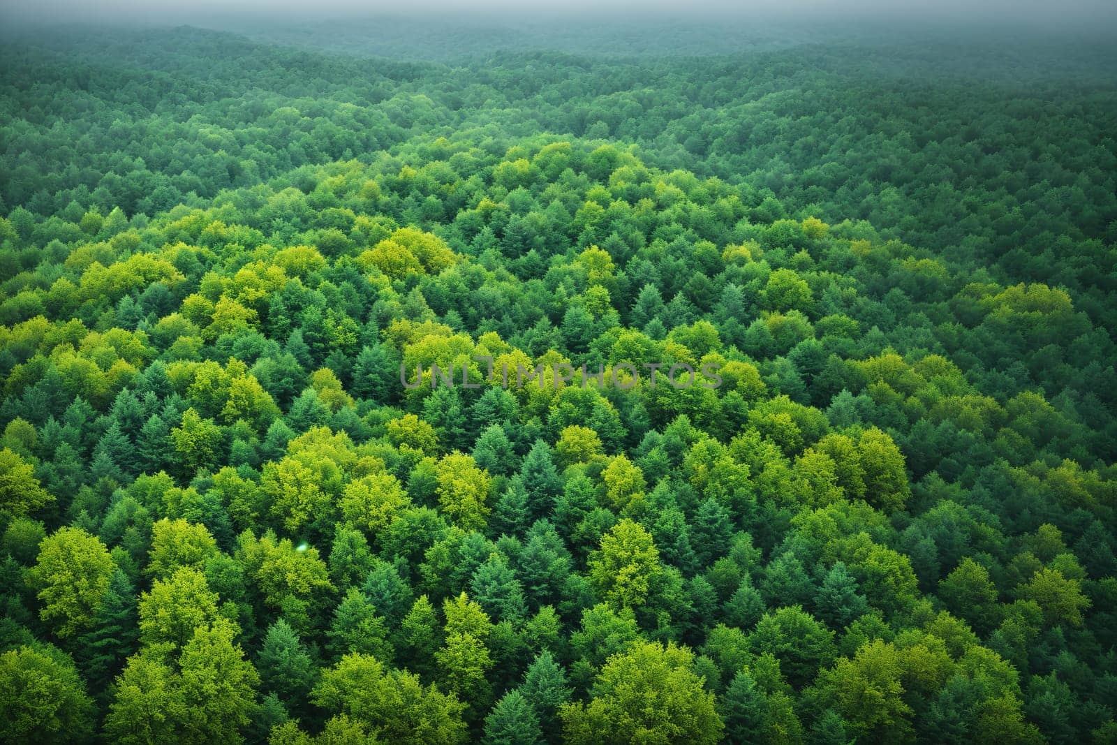 The image is a green forest with tall trees in the foreground and a mountain range in the background.