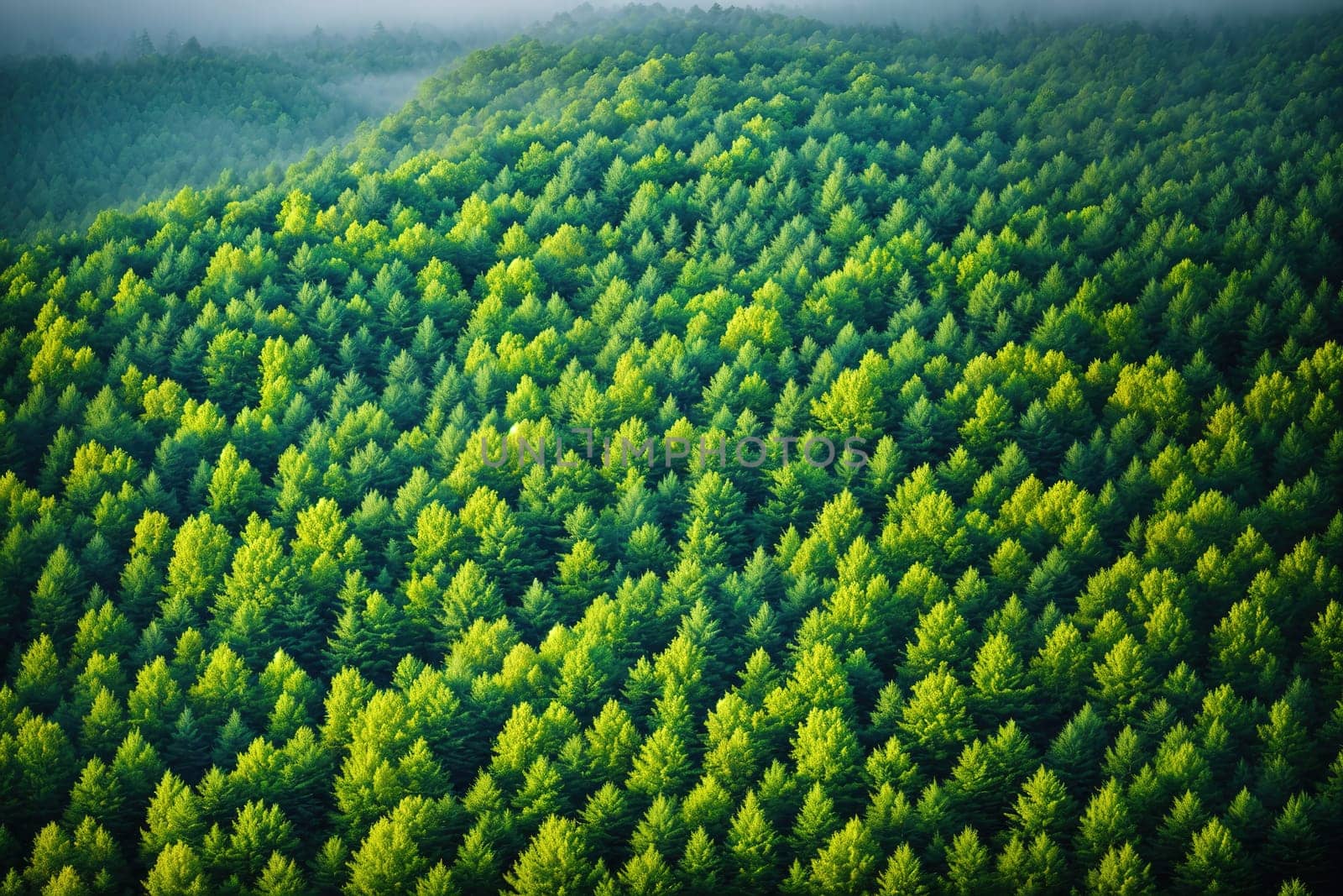 The image shows a dense forest with tall trees in the foreground and a hazy sky in the background.
