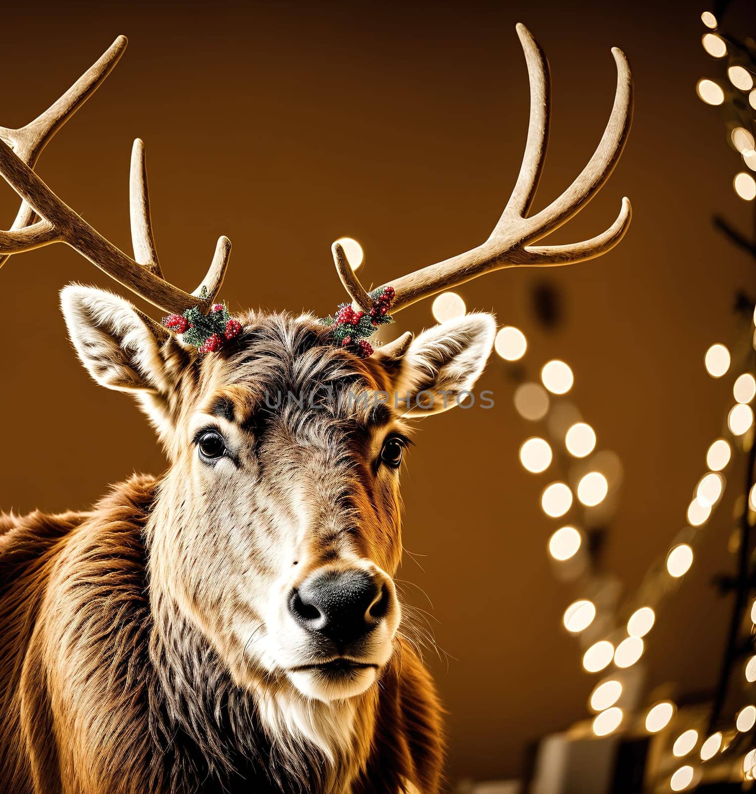 The image shows a deer with antlers and a red nose standing in front of a Christmas tree.