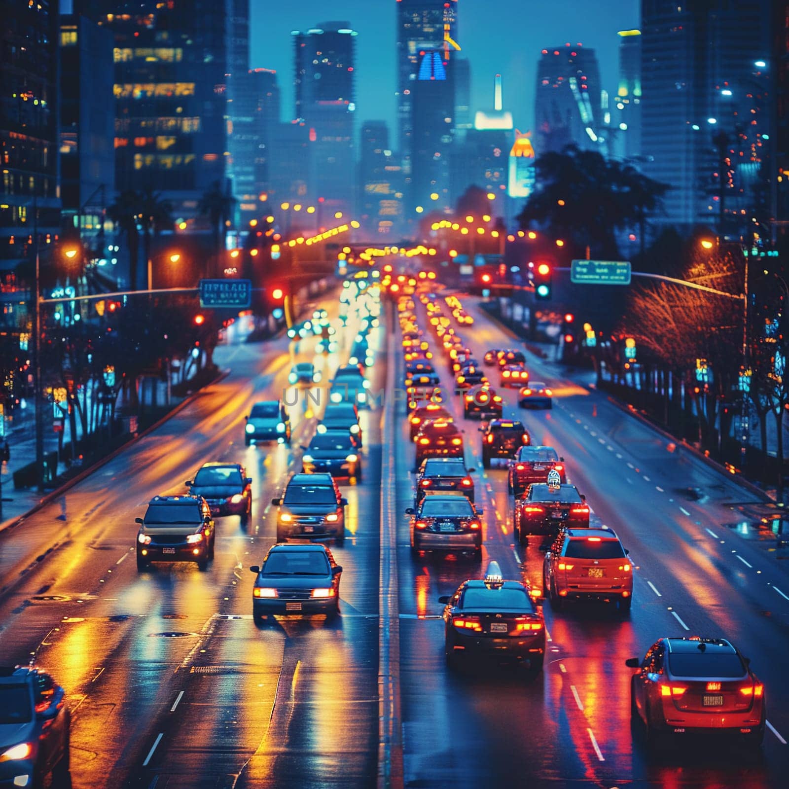 Nighttime City Traffic with Streaks of Headlights and Streetlights, The motion blur of lights suggests the pulse and flow of urban life after dark.