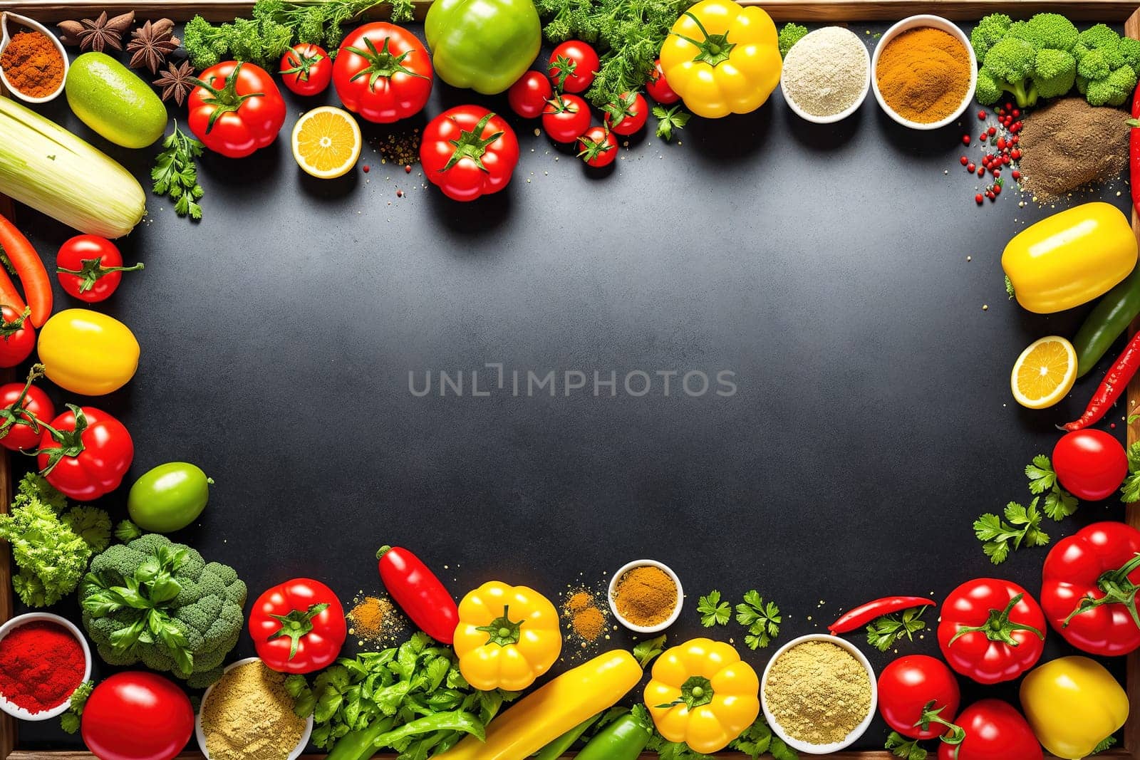 The image shows a variety of colorful vegetables and spices arranged in a circle on a black background.