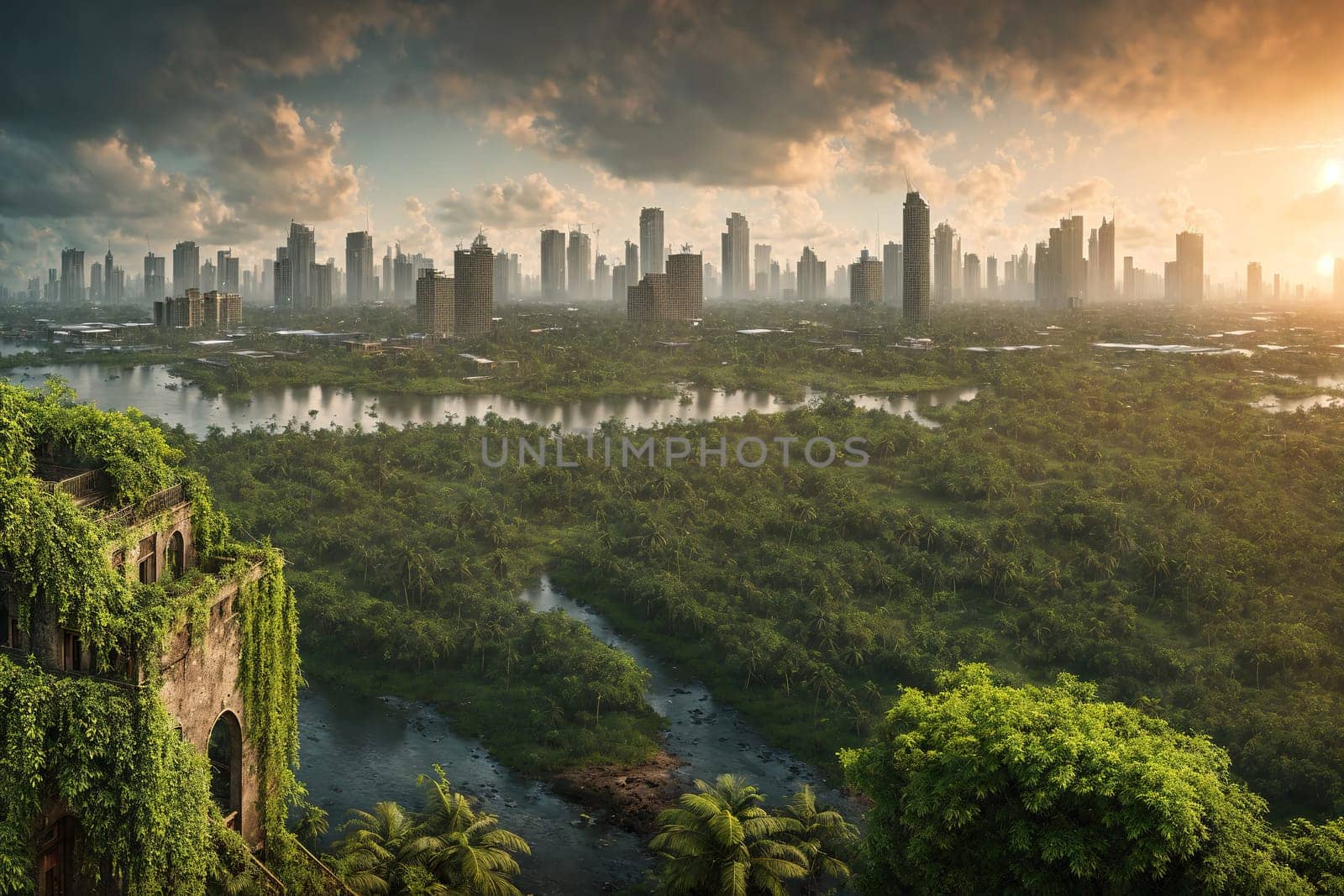 The image shows a cityscape with tall buildings and a river running through the middle of the city, surrounded by lush greenery and trees.