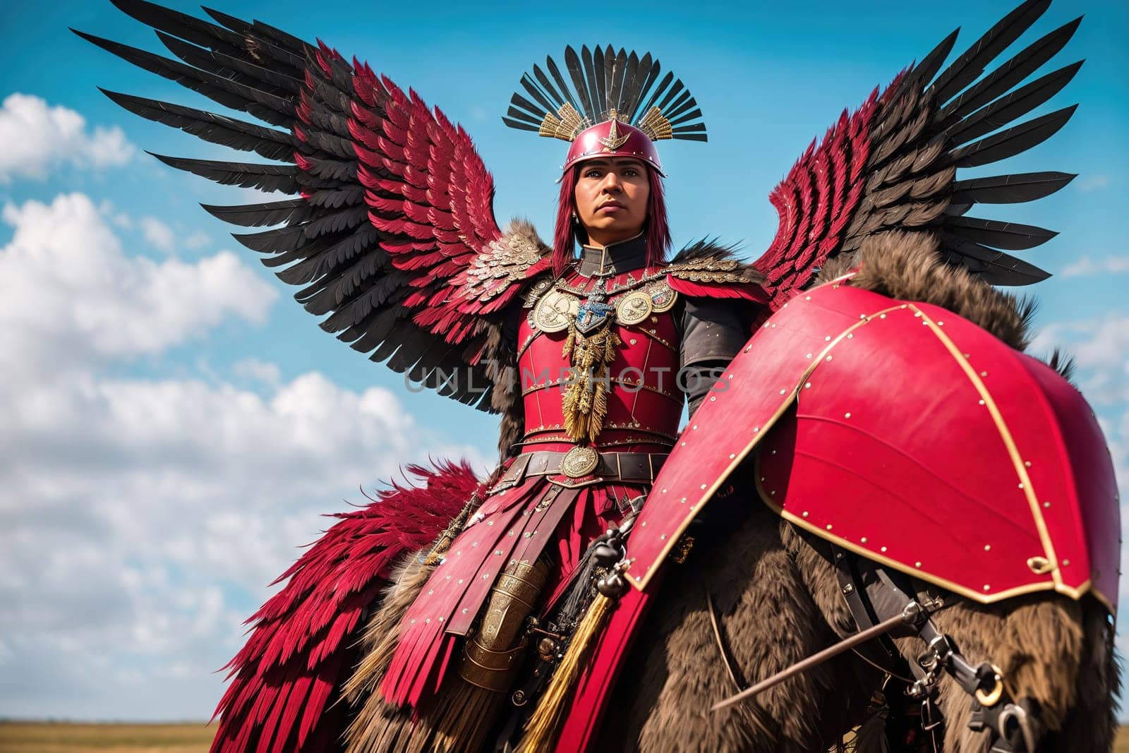 The image shows a woman in a red and gold costume riding a white horse, with her arms outstretched and wings on her back.