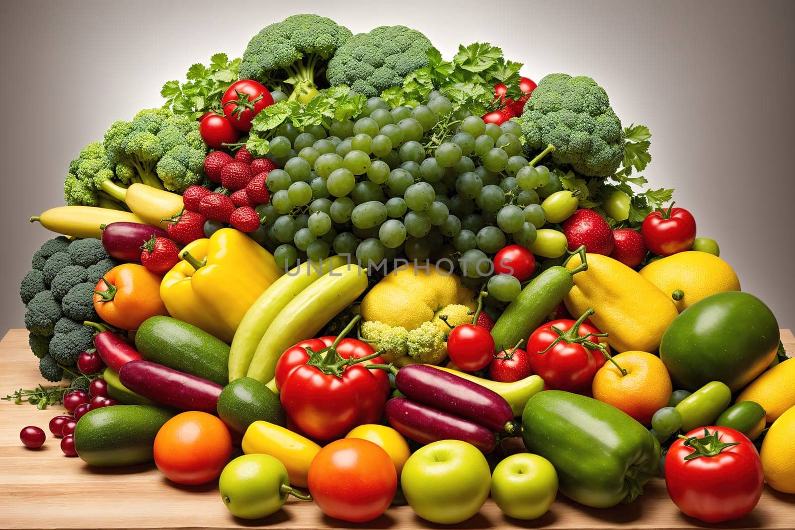 The image depicts a pile of various fruits and vegetables, including apples, bananas, carrots, broccoli, and tomatoes.