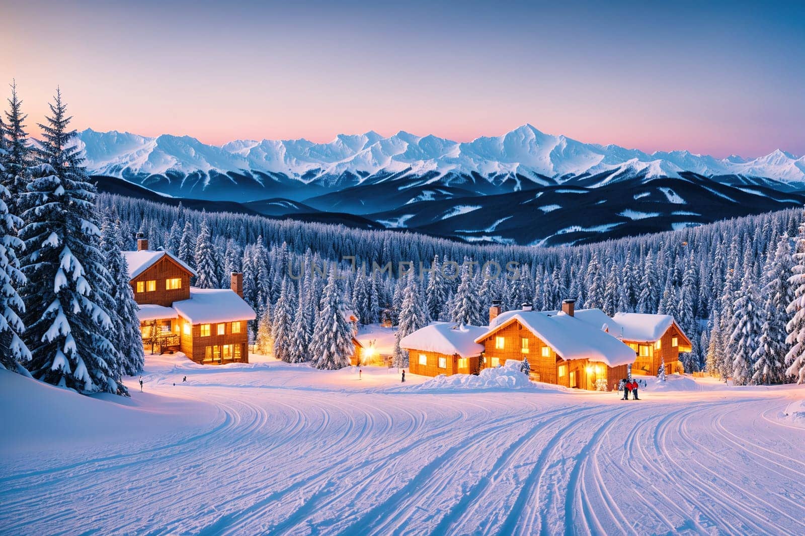 The image shows a winter scene with snow-covered trees and houses in the foreground, a mountain range in the background, and a clear blue sky with fluffy white clouds.