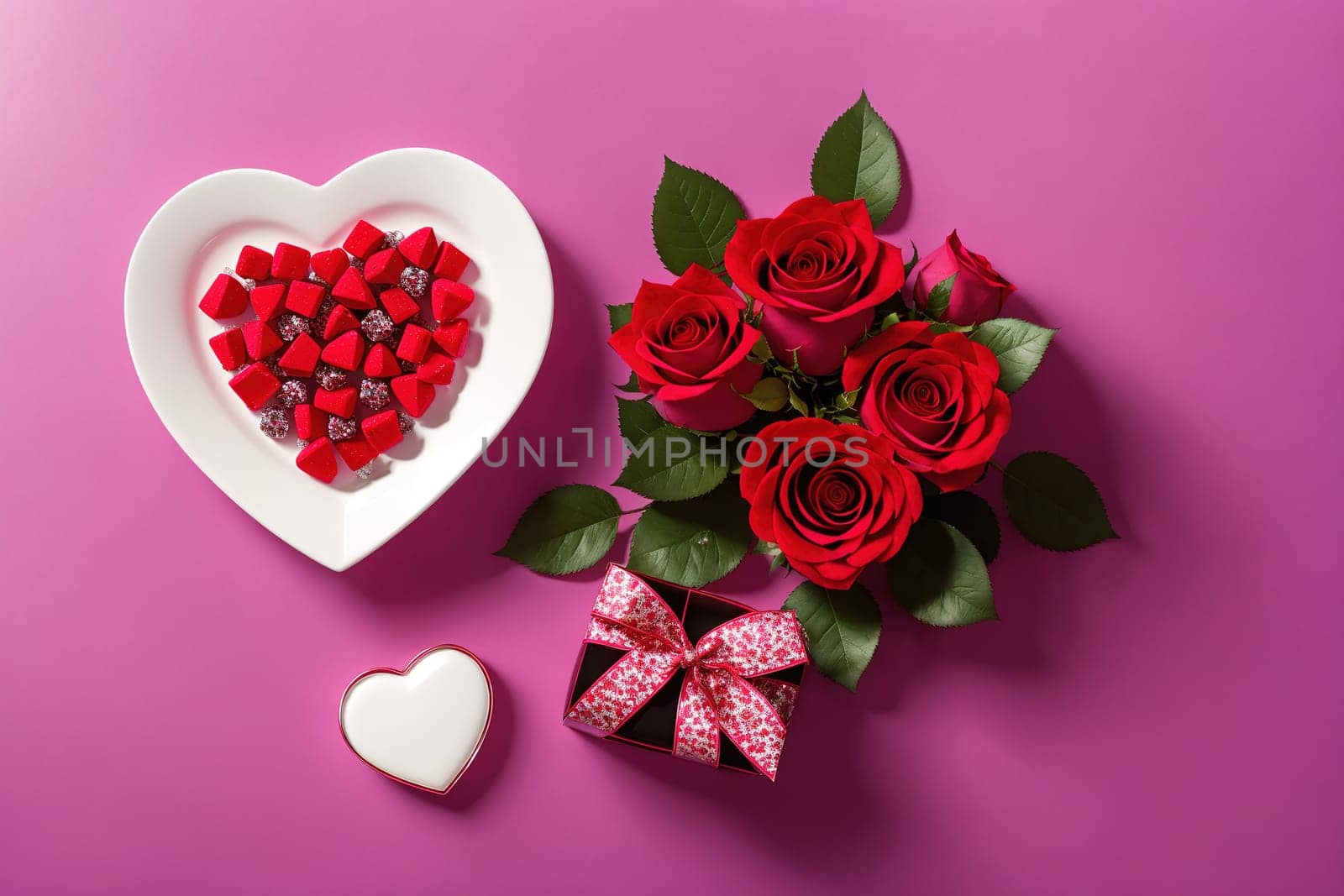 The image shows a pink heart-shaped box filled with red roses and a white heart on a pink background.