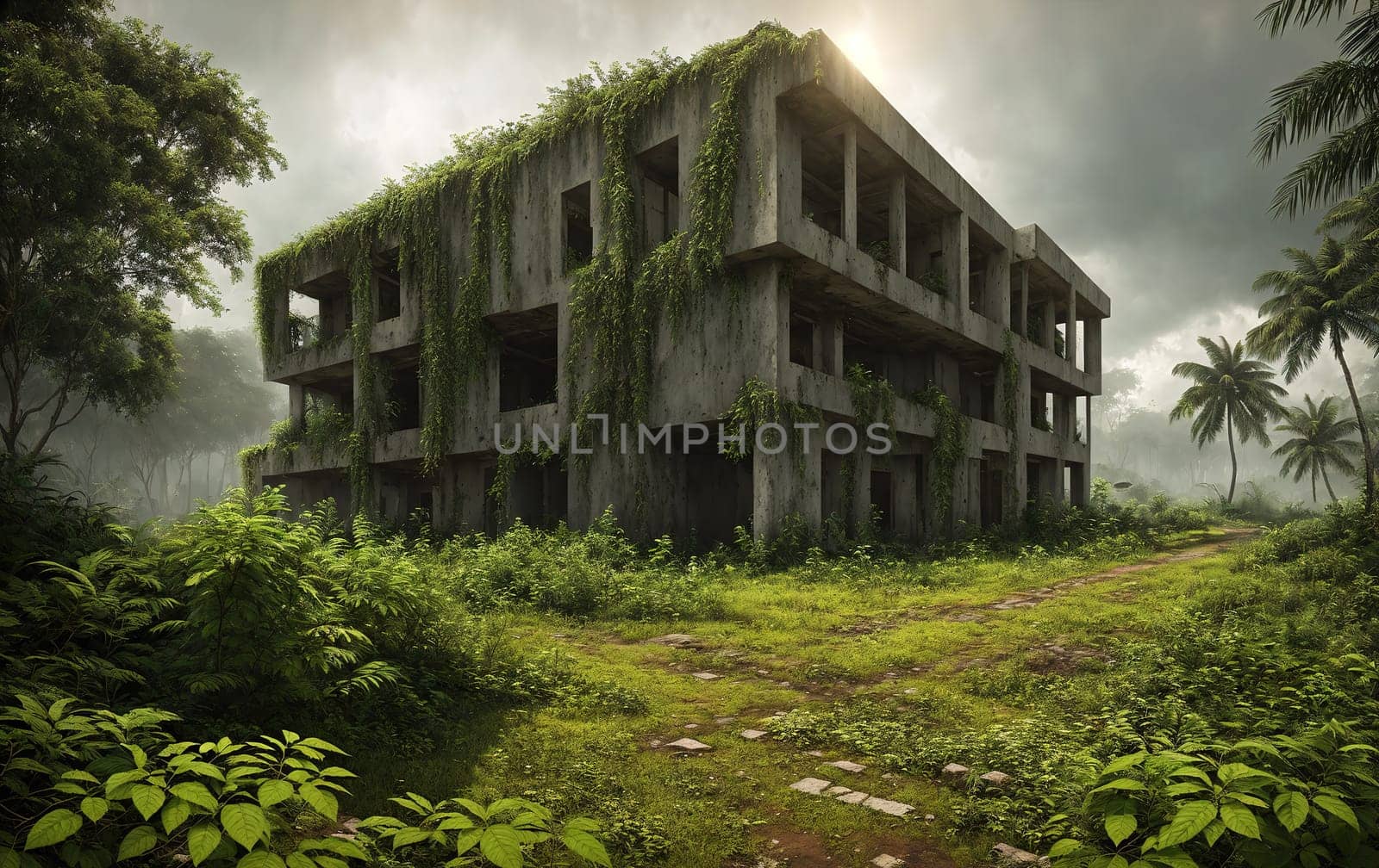The image shows a dilapidated building in the middle of a jungle, with overgrown plants and trees surrounding it.
