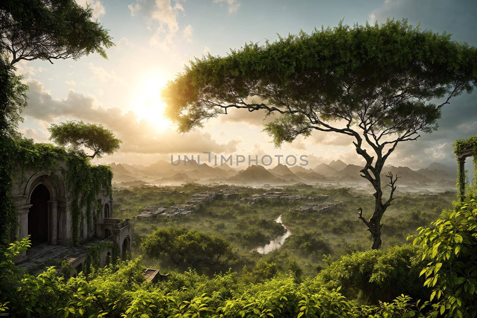The image depicts a scenic landscape with a ruined temple in the foreground, surrounded by lush greenery and misty mountains in the background.