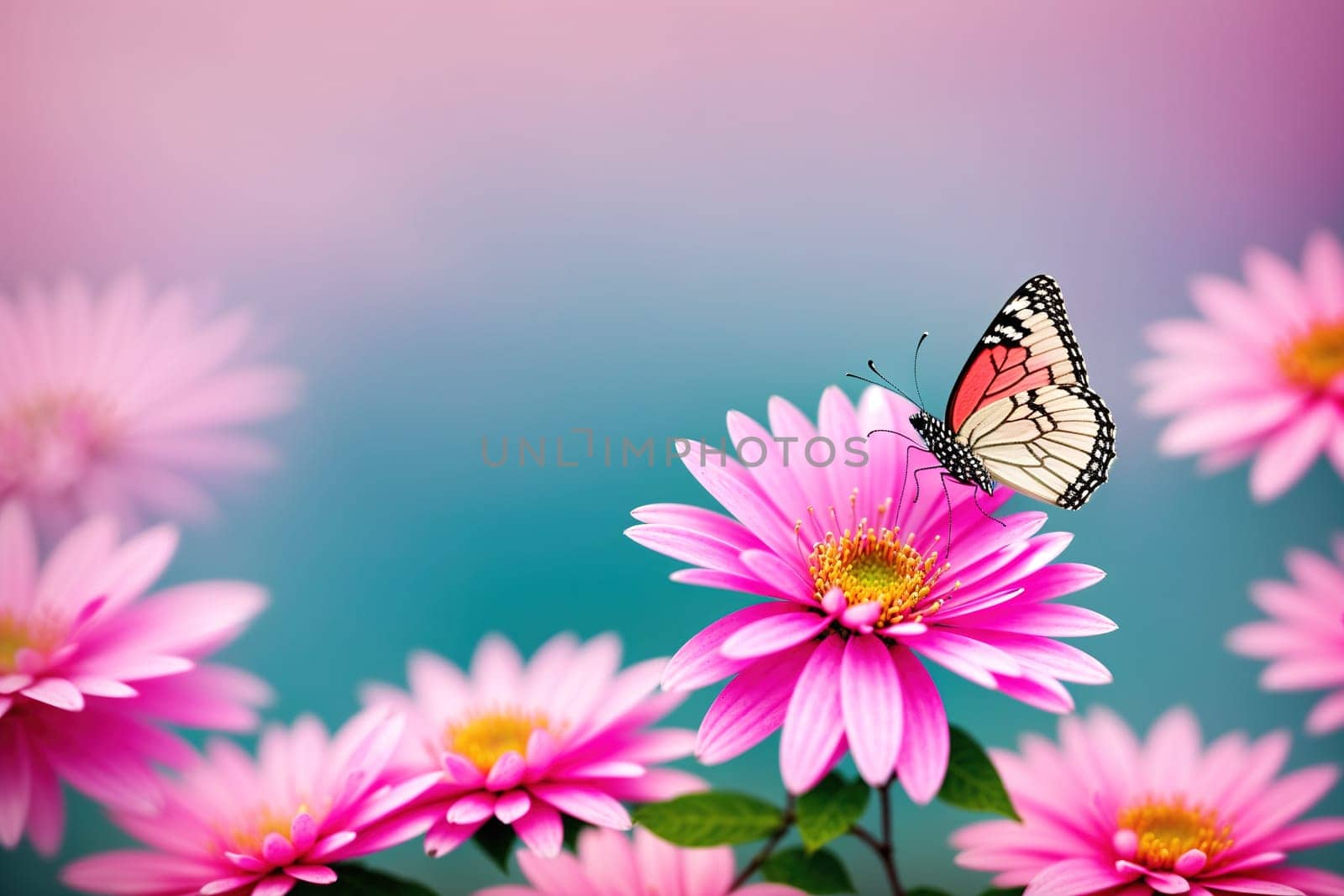 The image shows a group of pink flowers with butterflies flying around them on a blue background.