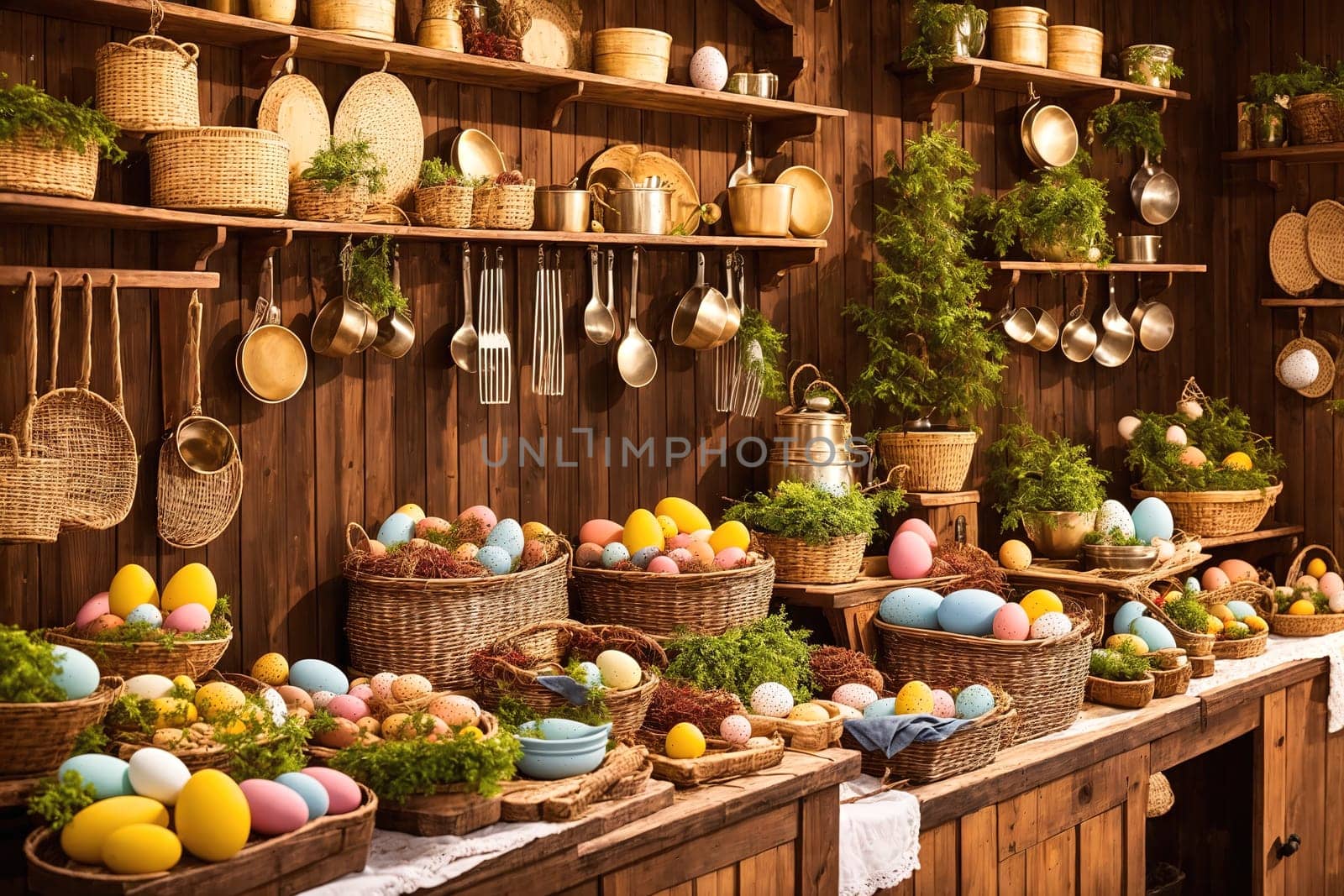 The image shows a room filled with baskets of eggs, pots, and other kitchen utensils.