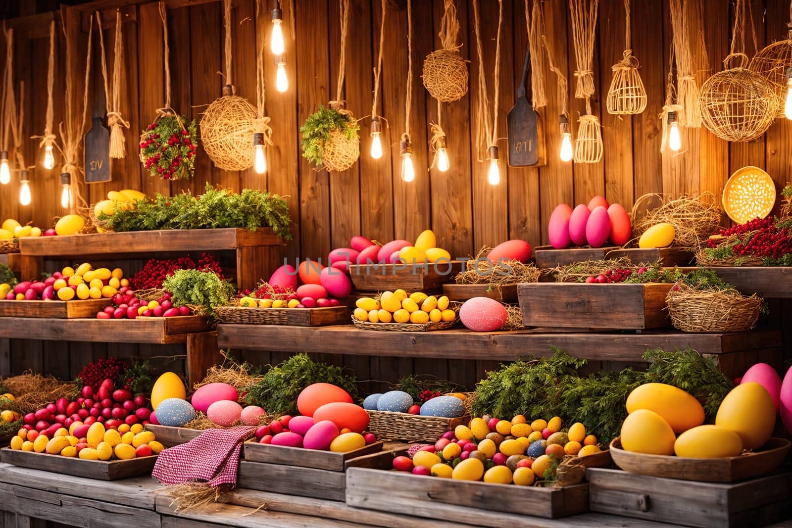 The image shows a colorful display of fresh fruits and vegetables arranged in baskets and crates on a wooden shelf, with hanging lanterns and other decorations in the background.