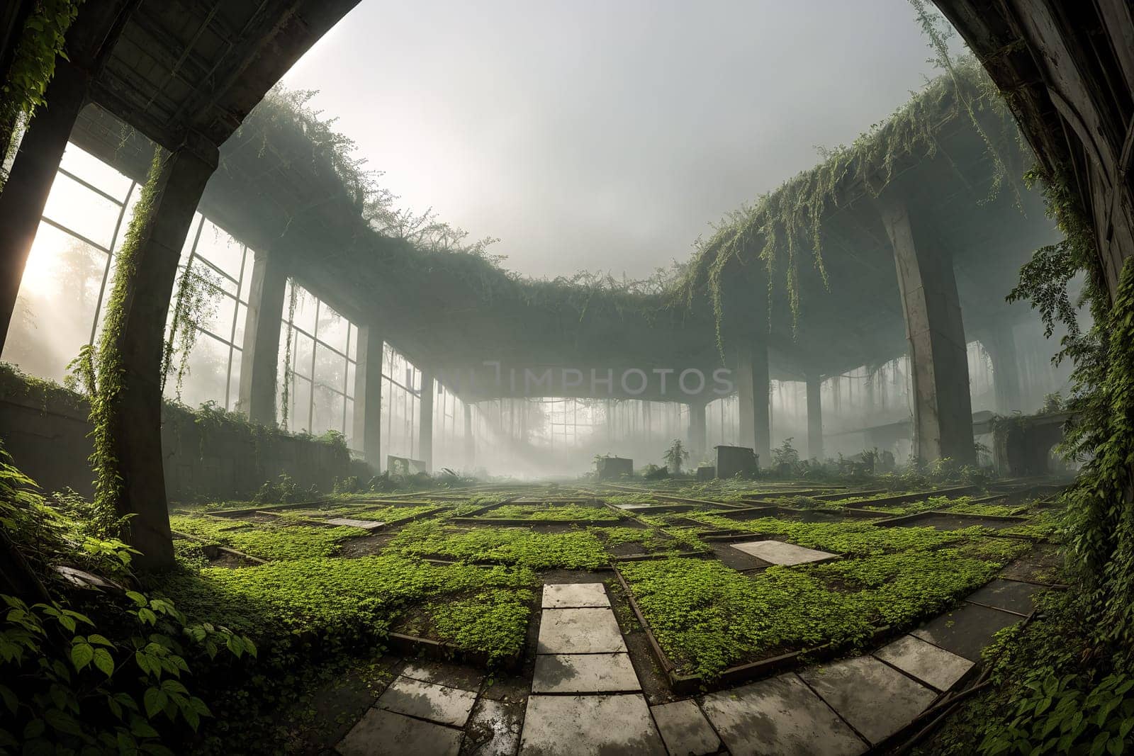 The image shows a large, empty room with a high ceiling and large windows on either side, surrounded by lush greenery and a misty atmosphere.