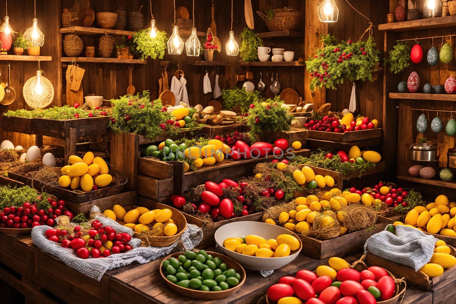 The image shows a colorful and well-stocked grocery store with various fruits, vegetables, and other food items displayed on shelves and in baskets.