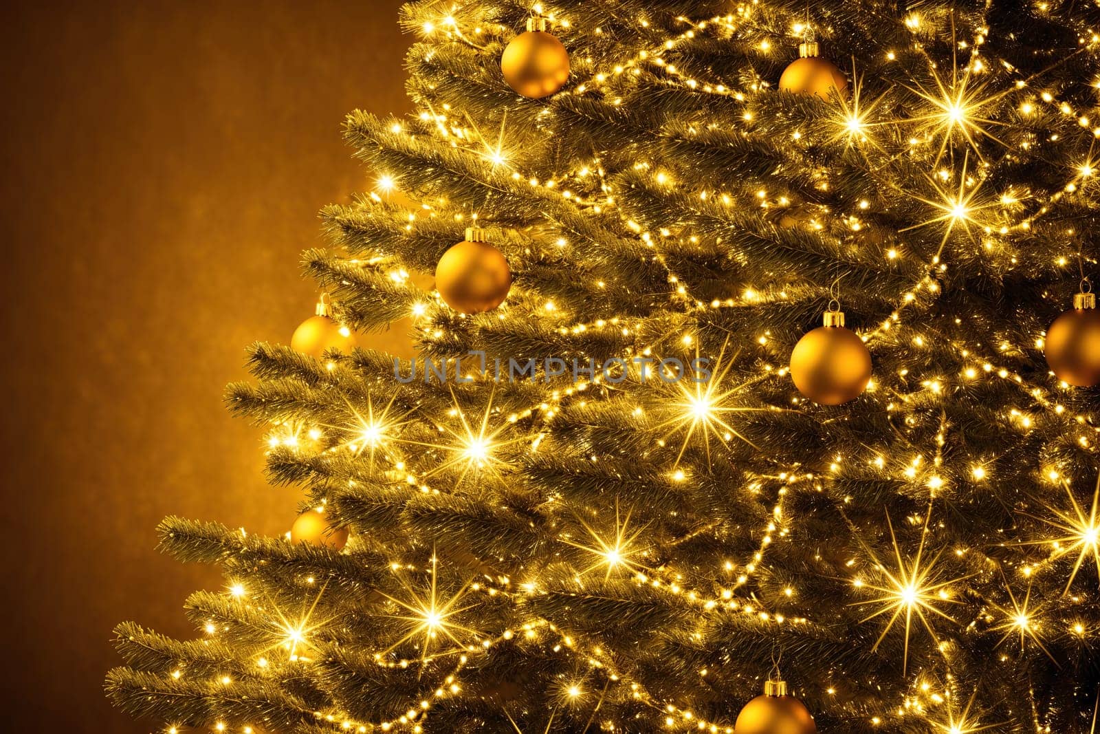 The image is a Christmas tree with gold ornaments hanging from the branches.