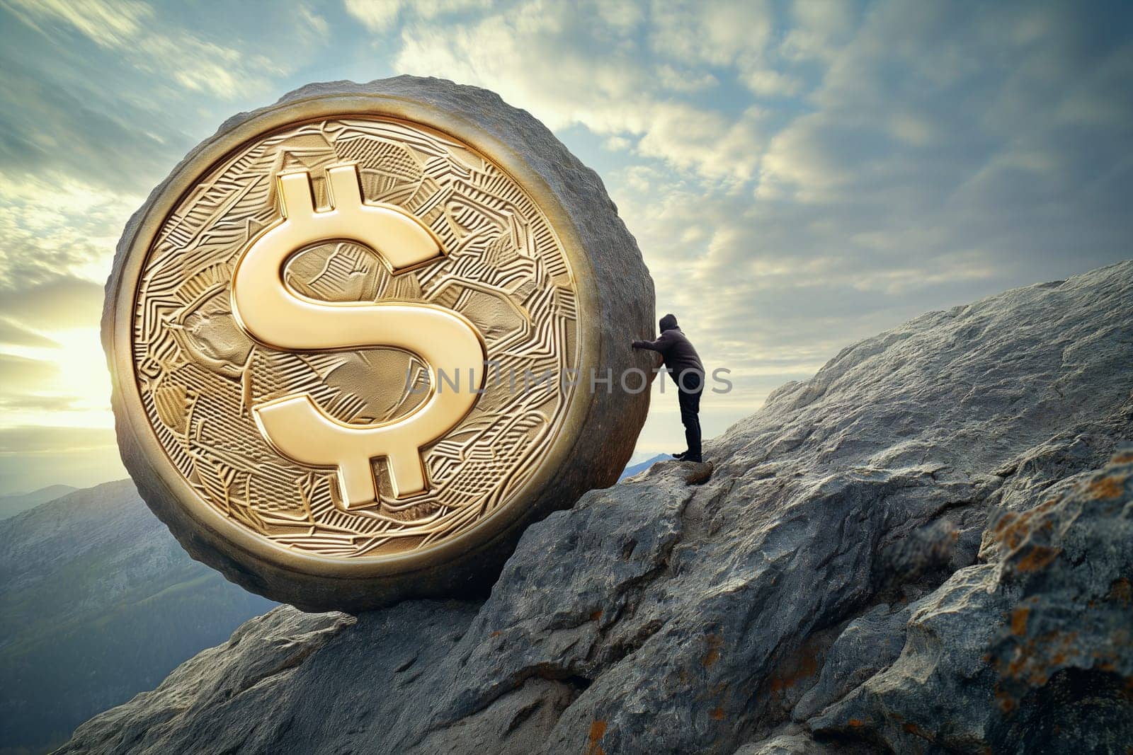 A man stands confidently on top of a rock next to a gleaming golden dollar sign, symbolizing financial success and achievement.