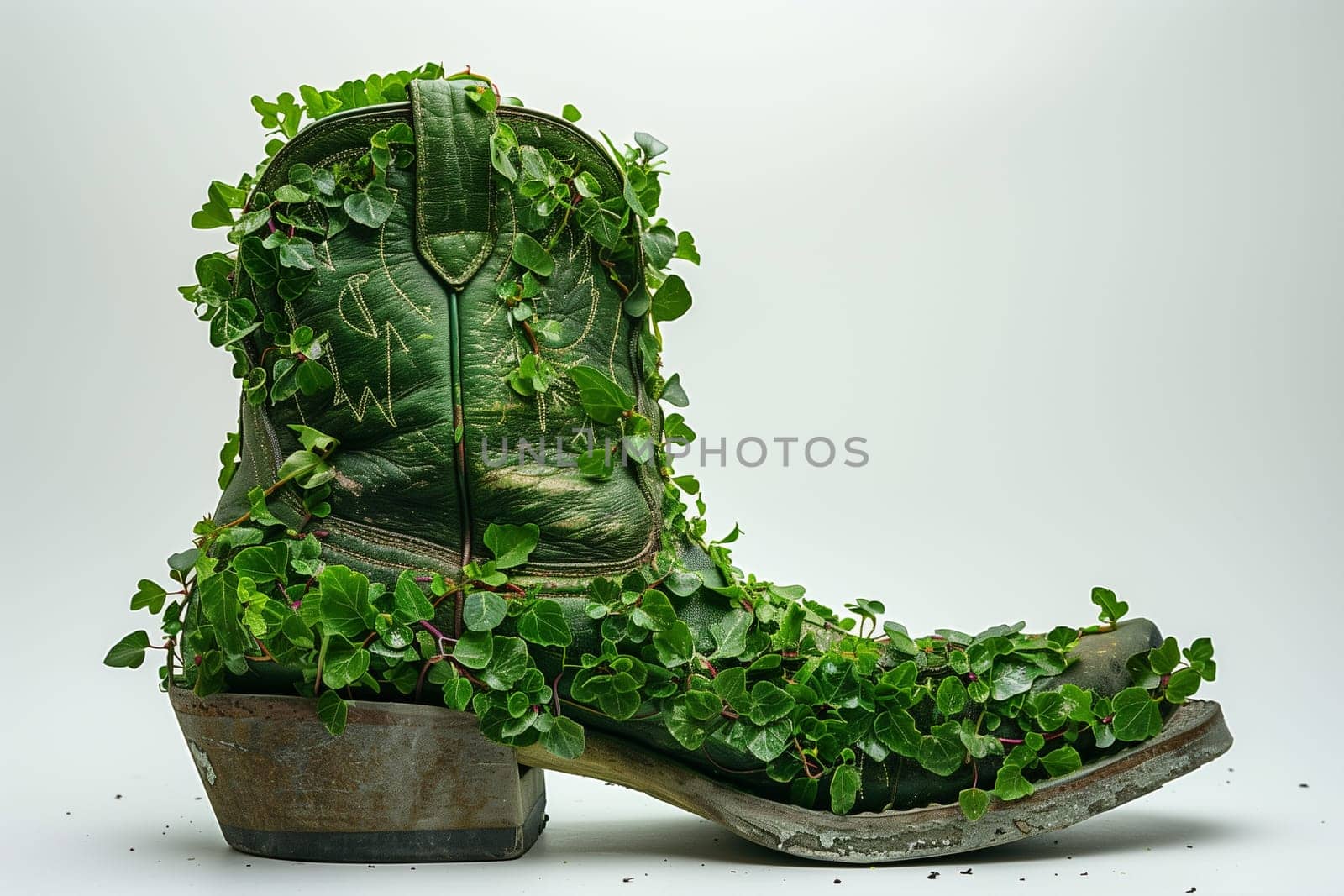 A pair of boots filled with soil have become a thriving garden, with various green plants sprouting from them.