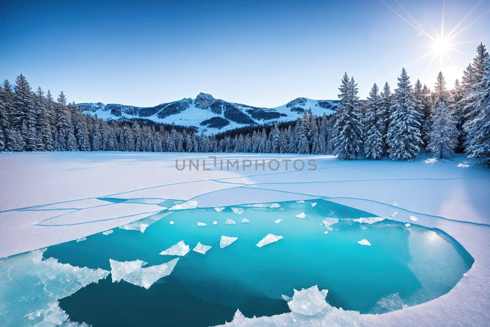 The image shows a frozen lake with snow covered mountains in the background, with the sun shining through the clouds.