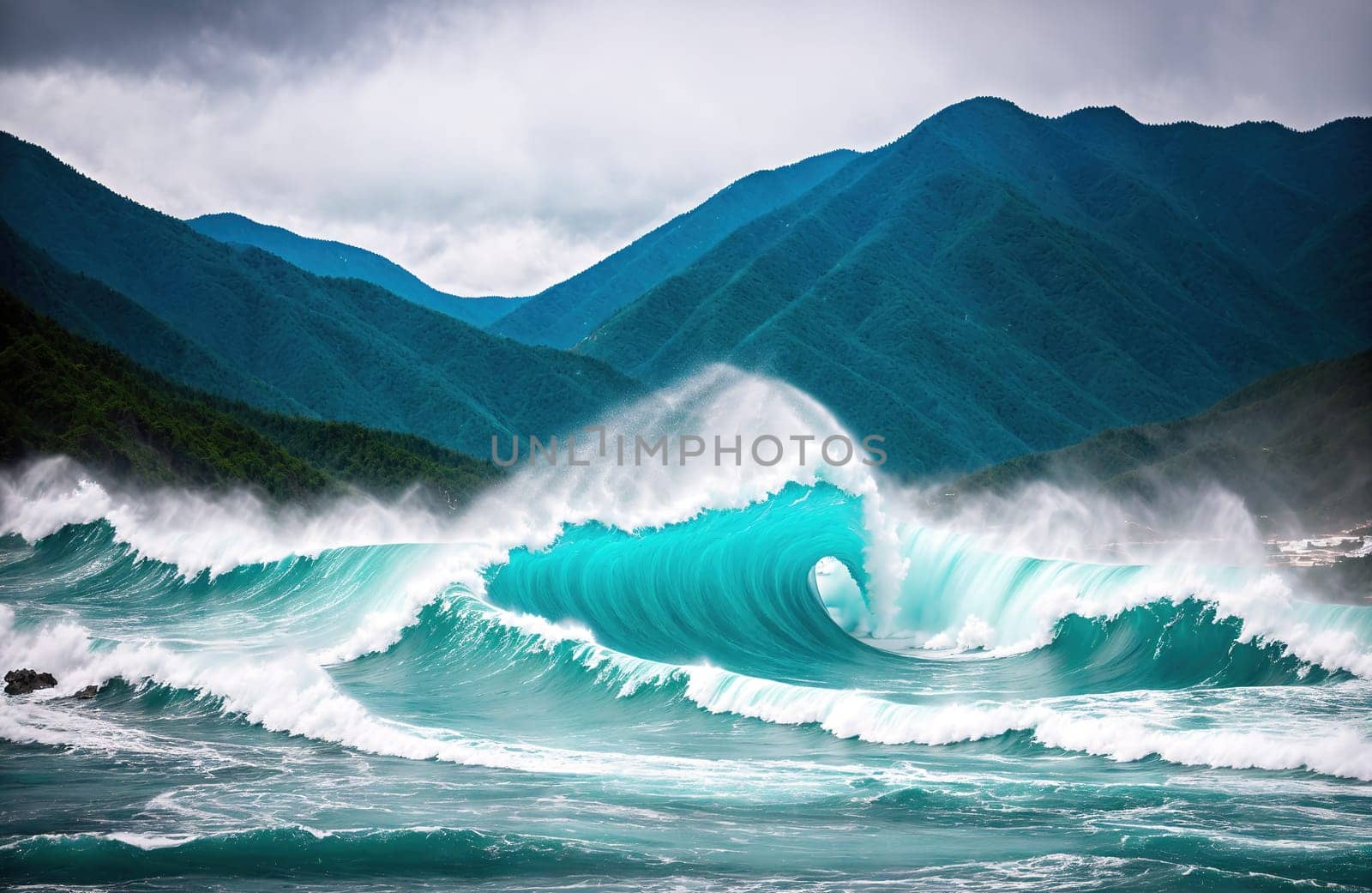 The image shows a large wave crashing against the shore, with mountains in the background.