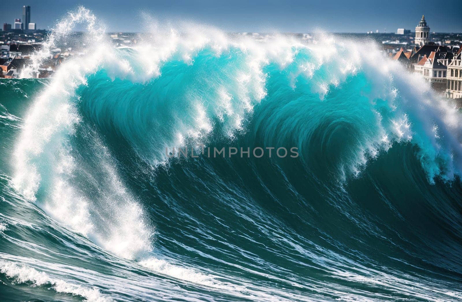 The image shows a large wave crashing against the shore, with the sun setting in the background, creating a dramatic and powerful scene.