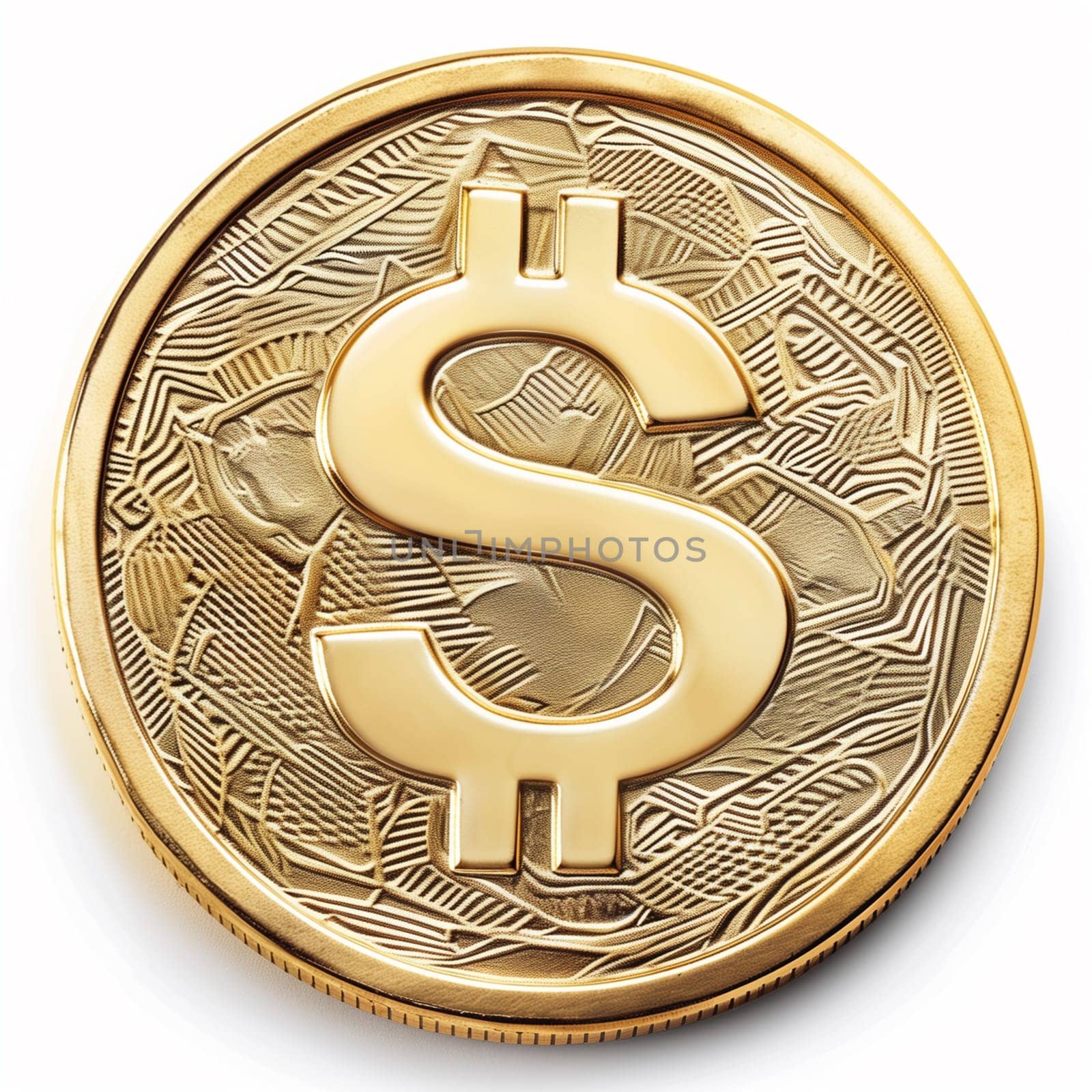 A shiny gold coin featuring a prominent dollar sign symbol on its surface.