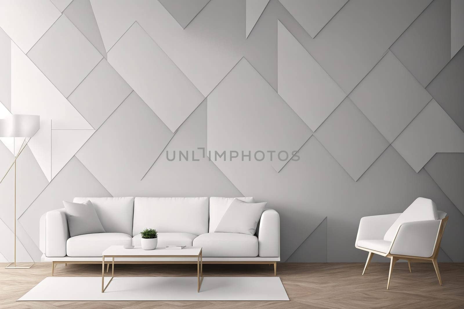 The image is a white living room with a couch, coffee table, and two chairs.