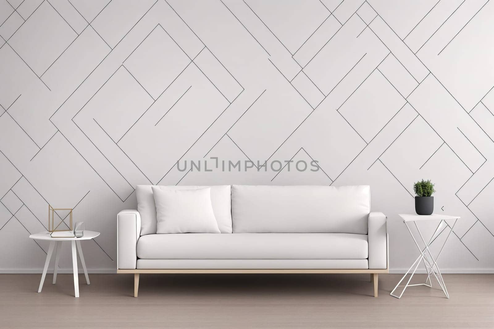The image is a white couch sitting in front of a white wall with a geometric pattern of black and white lines.