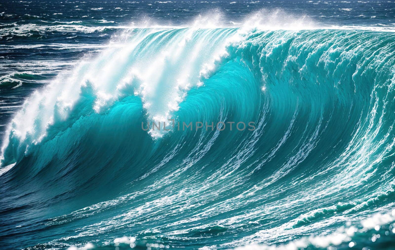 The image depicts a large wave crashing against the shore, with white foam and spray rising up from the water.