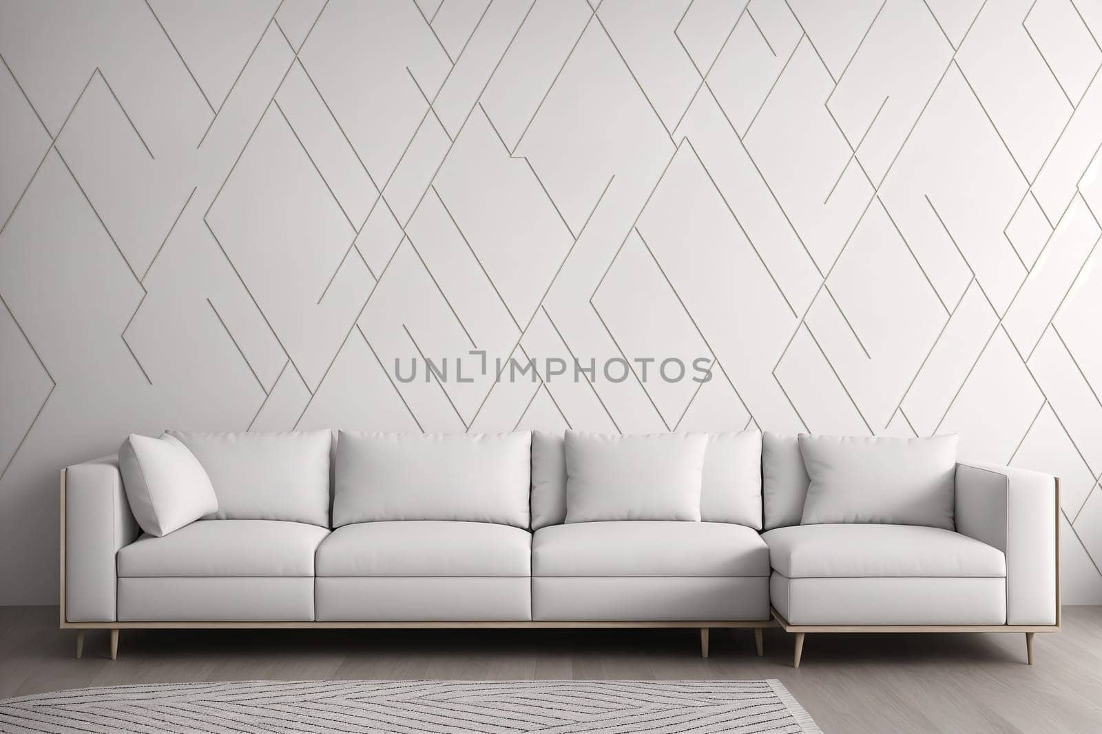 A living room with a white couch, a coffee table, and a large window with a geometric pattern on the wall. by creart