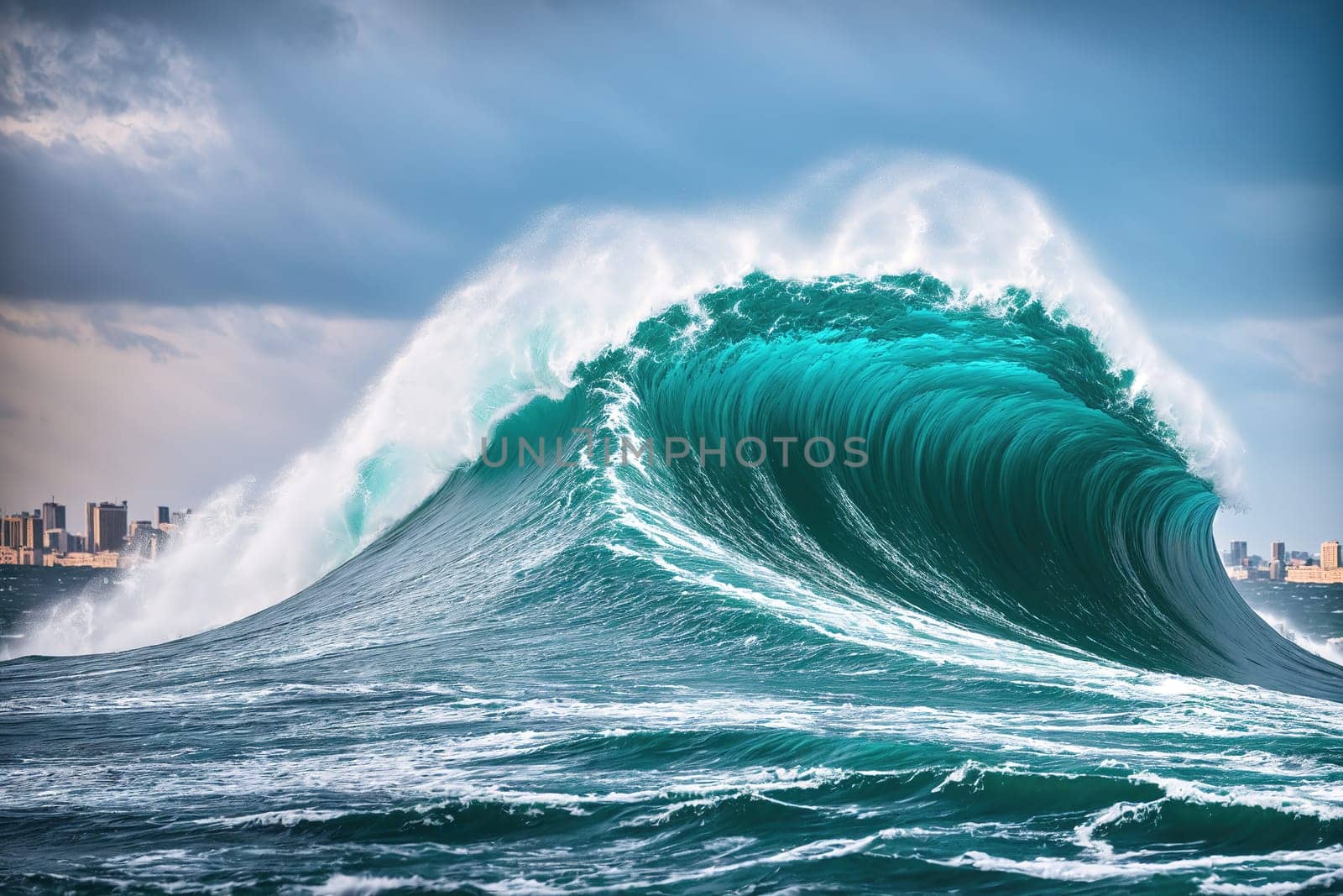The image shows a large wave crashing against the shore, with the sun setting in the background.