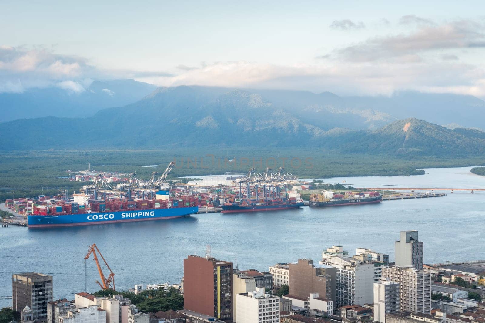 Cargo Ships in the Harbour of Santos, SP Brazil. April 3 2024.