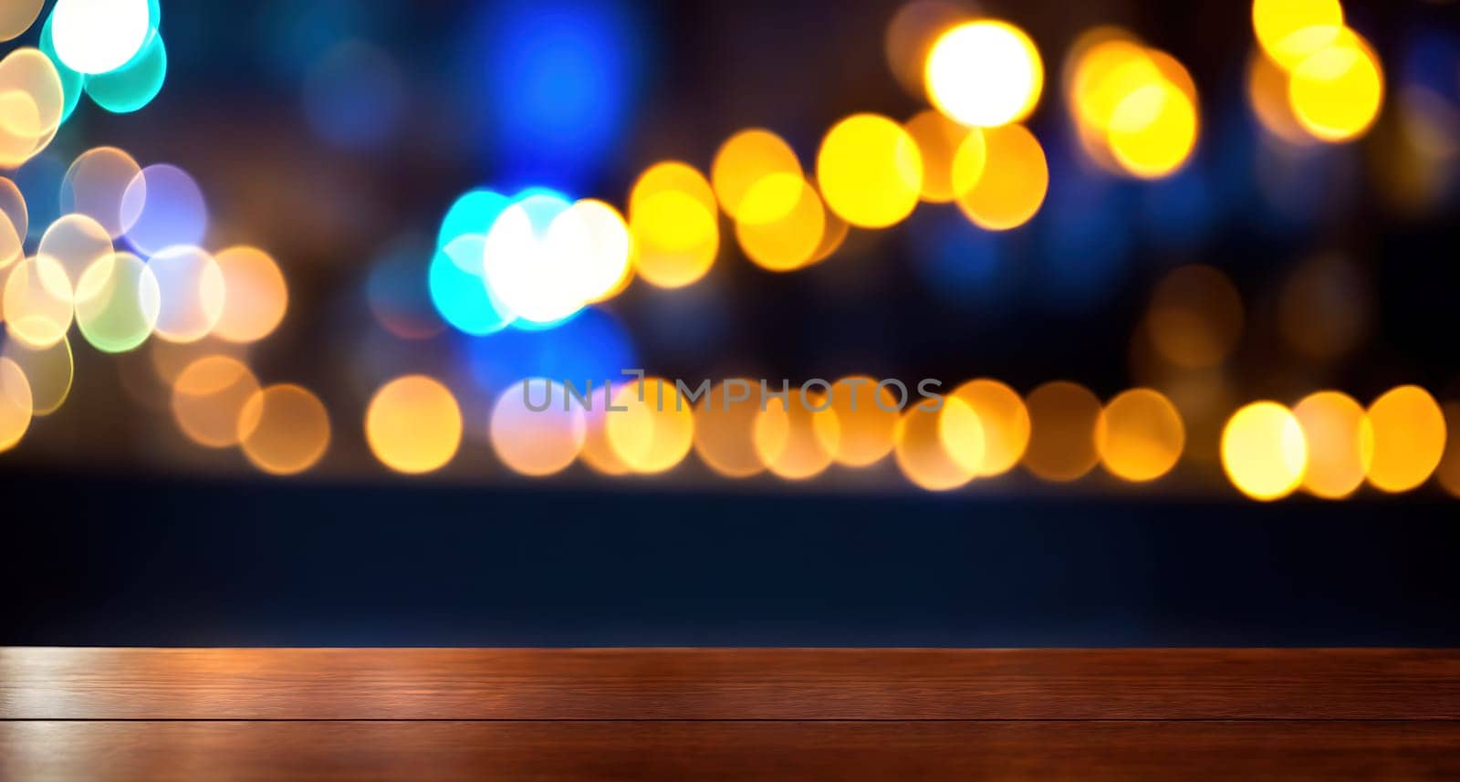 The image is a blurry, colorful background with a wooden table in the foreground.