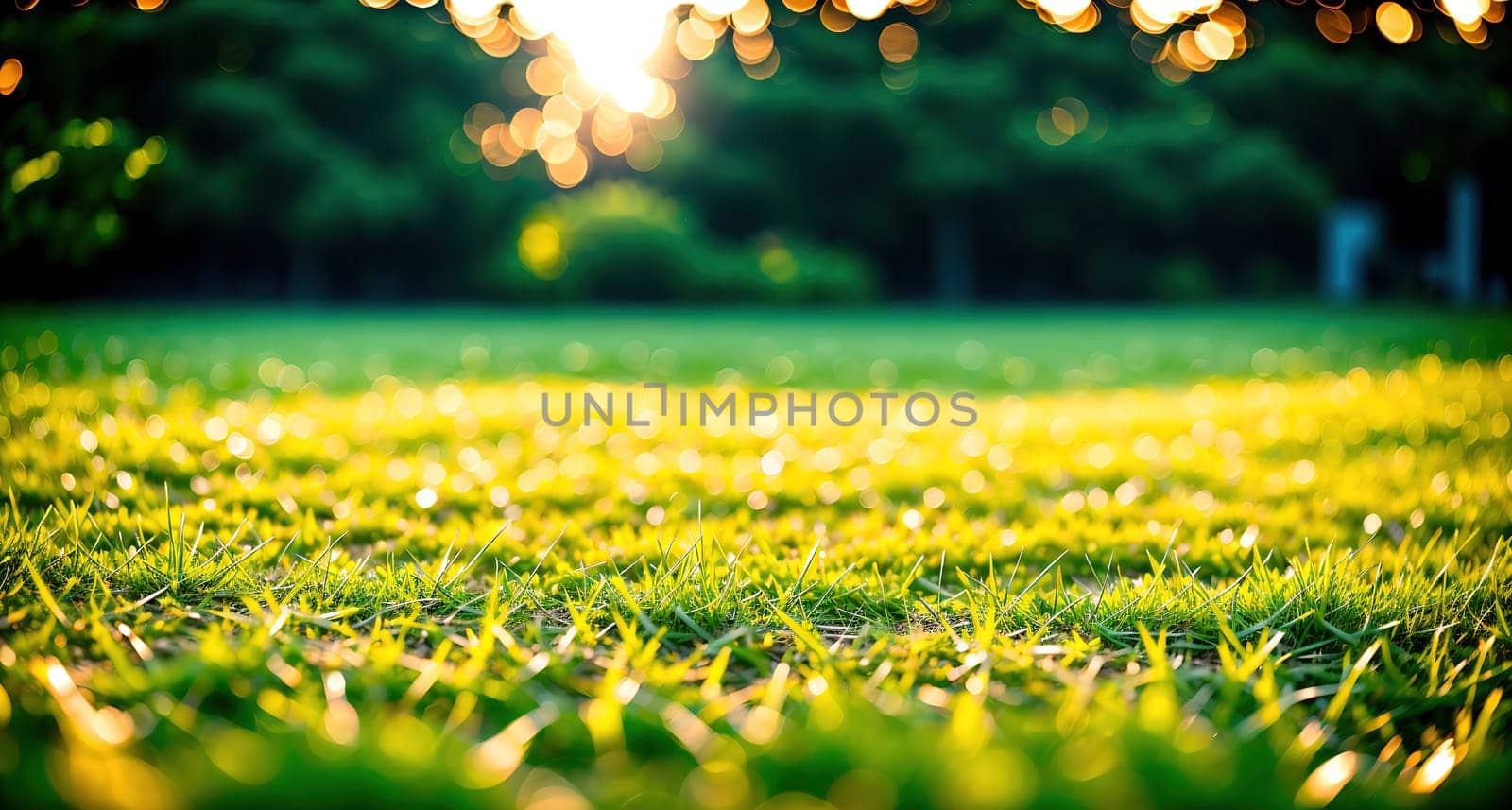 The image shows a green grassy field with trees in the background, with the sun shining down on it.
