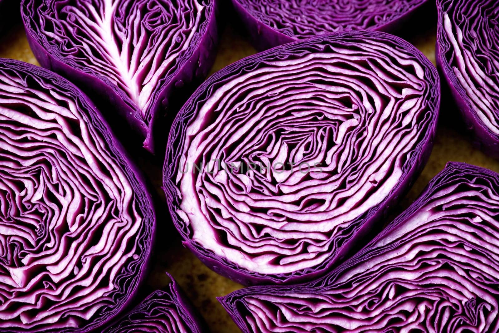 The image depicts a group of sliced red cabbage leaves arranged in a pattern on a white background.